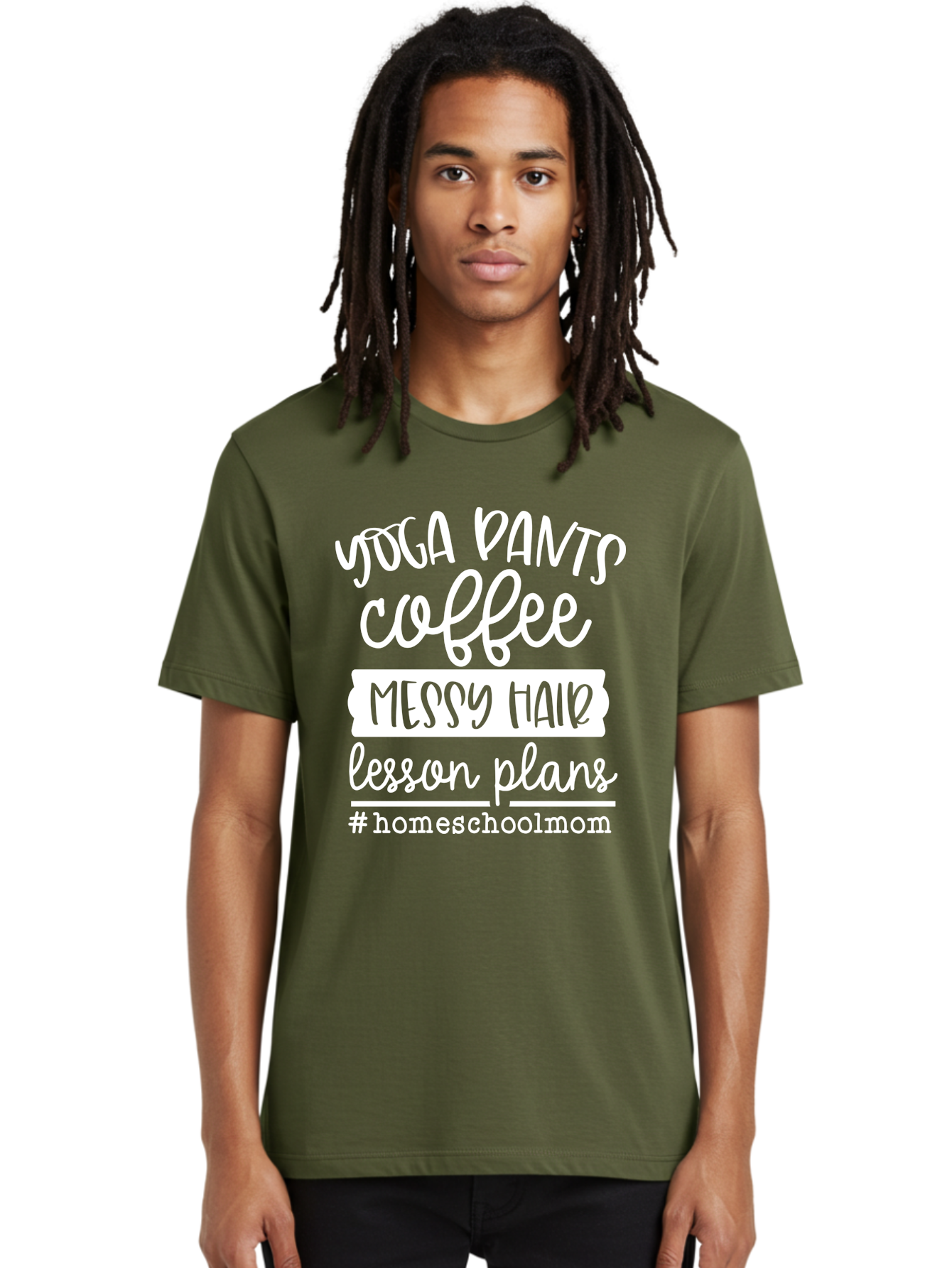 Homeschool-Mom Men'S Graphic Tee, 100% Cotton, Comfortable Casual Summer Wear, Machine Washable, Homeschool Mom, Yoga Pants, Coffee Fuel, Messy Hair, Lesson Plans, Homeschooling Lifestyle, Mom Life, Homeschool Routine, Coffee Lover Aab384
