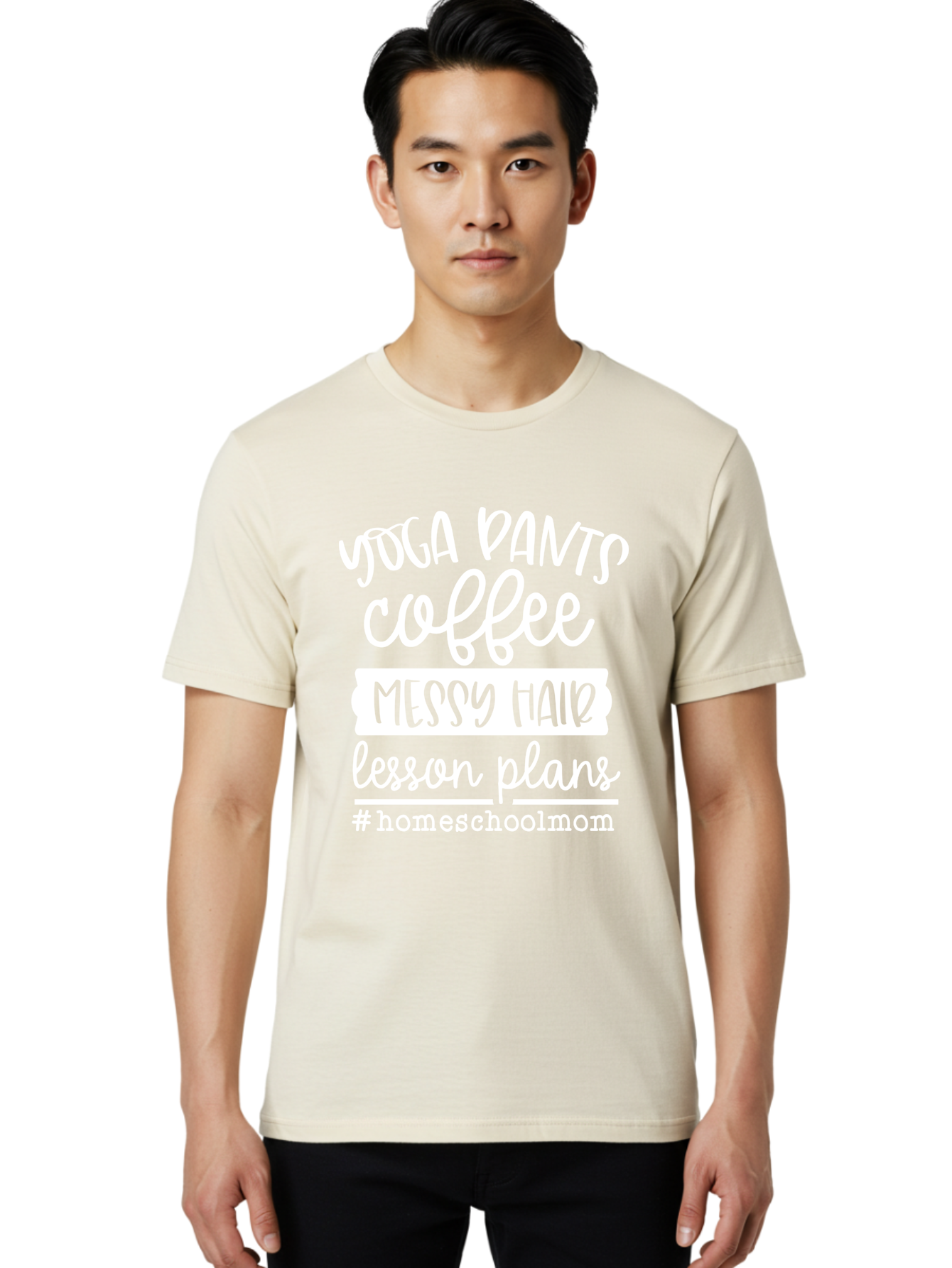 Homeschool-Mom Men'S Graphic Tee, 100% Cotton, Comfortable Casual Summer Wear, Machine Washable, Homeschool Mom, Yoga Pants, Coffee Fuel, Messy Hair, Lesson Plans, Homeschooling Lifestyle, Mom Life, Homeschool Routine, Coffee Lover Aab384