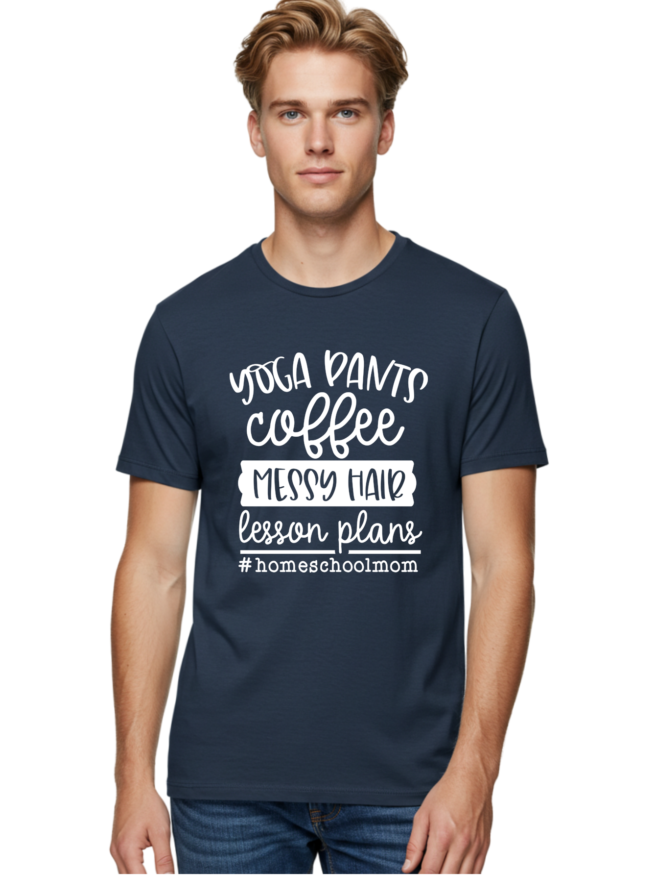 Homeschool-Mom Men'S Graphic Tee, 100% Cotton, Comfortable Casual Summer Wear, Machine Washable, Homeschool Mom, Yoga Pants, Coffee Fuel, Messy Hair, Lesson Plans, Homeschooling Lifestyle, Mom Life, Homeschool Routine, Coffee Lover Aab384