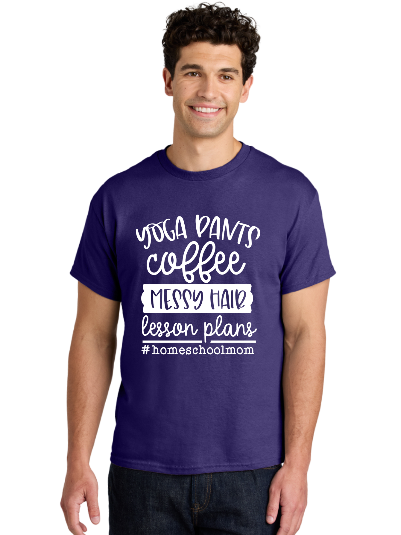Homeschool-Mom Men'S Graphic Tee, 100% Cotton, Comfortable Casual Summer Wear, Machine Washable, Homeschool Mom, Yoga Pants, Coffee Fuel, Messy Hair, Lesson Plans, Homeschooling Lifestyle, Mom Life, Homeschool Routine, Coffee Lover Aab384