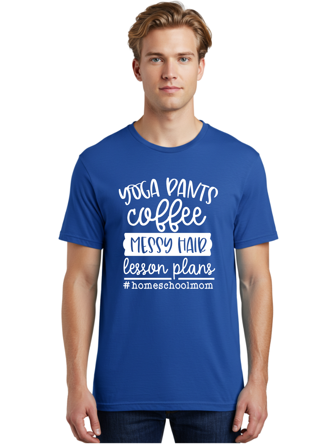 Homeschool-Mom Men'S Graphic Tee, 100% Cotton, Comfortable Casual Summer Wear, Machine Washable, Homeschool Mom, Yoga Pants, Coffee Fuel, Messy Hair, Lesson Plans, Homeschooling Lifestyle, Mom Life, Homeschool Routine, Coffee Lover Aab384