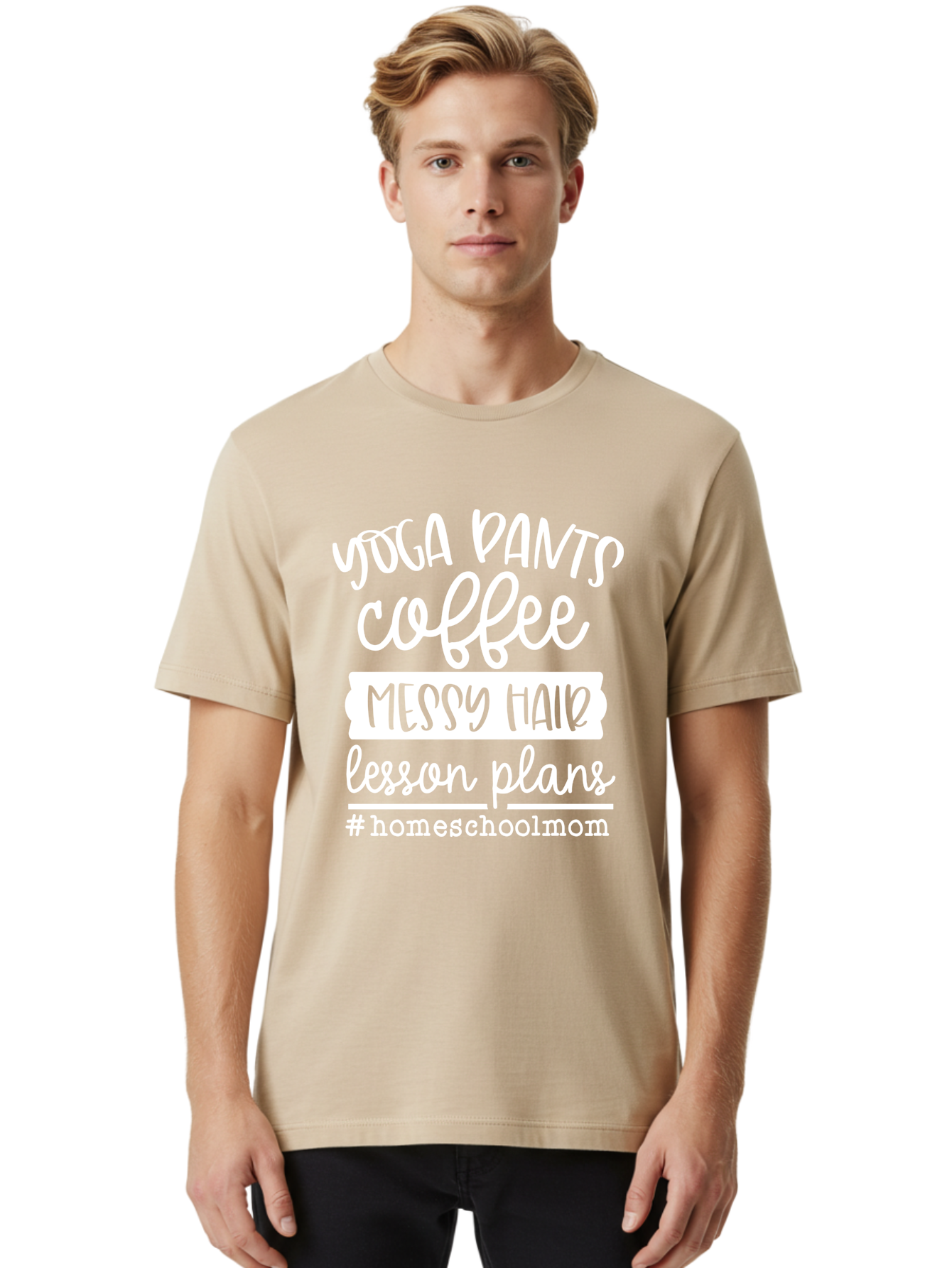 Homeschool-Mom Men'S Graphic Tee, 100% Cotton, Comfortable Casual Summer Wear, Machine Washable, Homeschool Mom, Yoga Pants, Coffee Fuel, Messy Hair, Lesson Plans, Homeschooling Lifestyle, Mom Life, Homeschool Routine, Coffee Lover Aab384