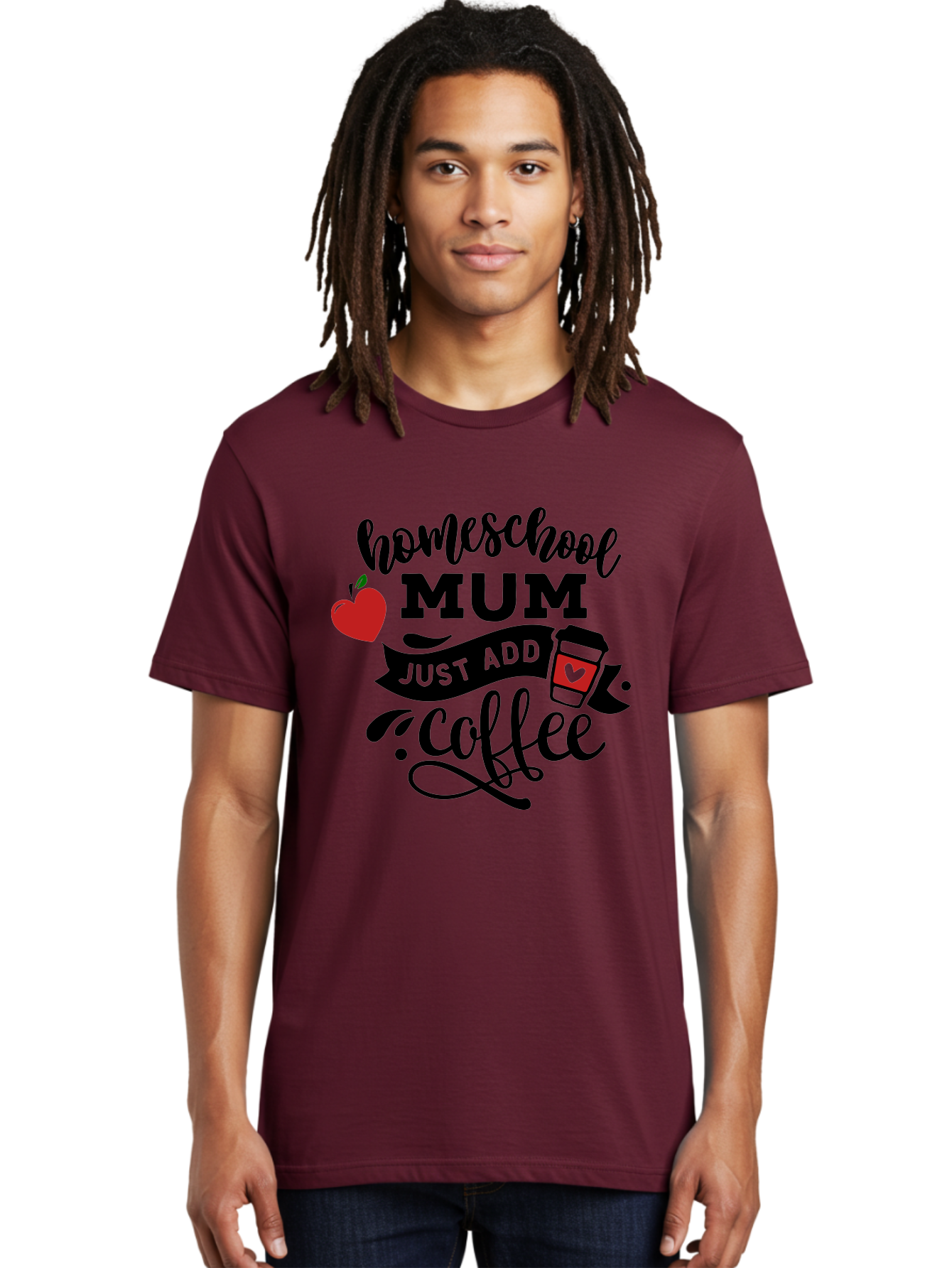 Homeschool-Mum-Just-Add-Coffee-1 Men'S Graphic Tee, 100% Cotton, Comfortable Casual Summer Wear, Machine Washable, Homeschool Mum, Coffee Lover, Homeschooling, Parenting, Coffee Cup, Apple, Education, Humor Aab388