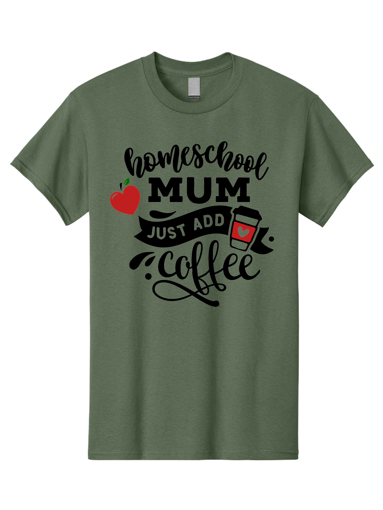 Homeschool-Mum-Just-Add-Coffee-1 Men'S Graphic Tee, 100% Cotton, Comfortable Casual Summer Wear, Machine Washable, Homeschool Mum, Coffee Lover, Homeschooling, Parenting, Coffee Cup, Apple, Education, Humor Aab388