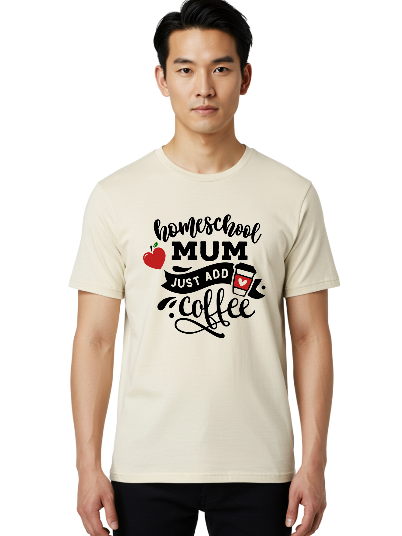 Homeschool-Mum-Just-Add-Coffee-1 Men'S Graphic Tee, 100% Cotton, Comfortable Casual Summer Wear, Machine Washable, Homeschool Mum, Coffee Lover, Homeschooling, Parenting, Coffee Cup, Apple, Education, Humor Aab388