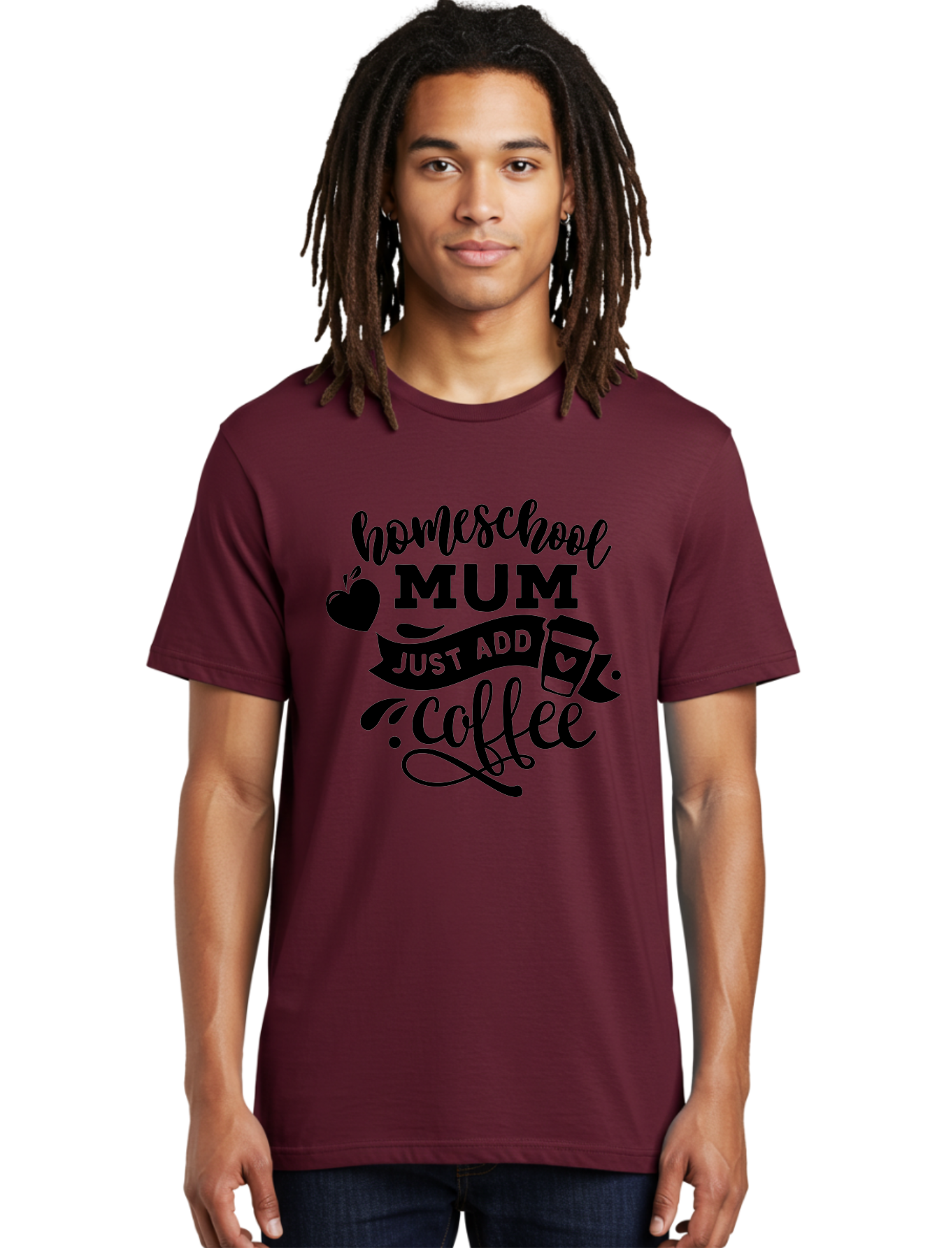 Homeschool-Mum-Just-Add-Coffee Men'S Graphic Tee, 100% Cotton, Comfortable Casual Summer Wear, Machine Washable, Homeschool Mum, Coffee Quote, Funny Homeschooling, Coffee Humor, Mom Life, Homeschooling Mom, Coffee Lover, Quirky Mom Aab389