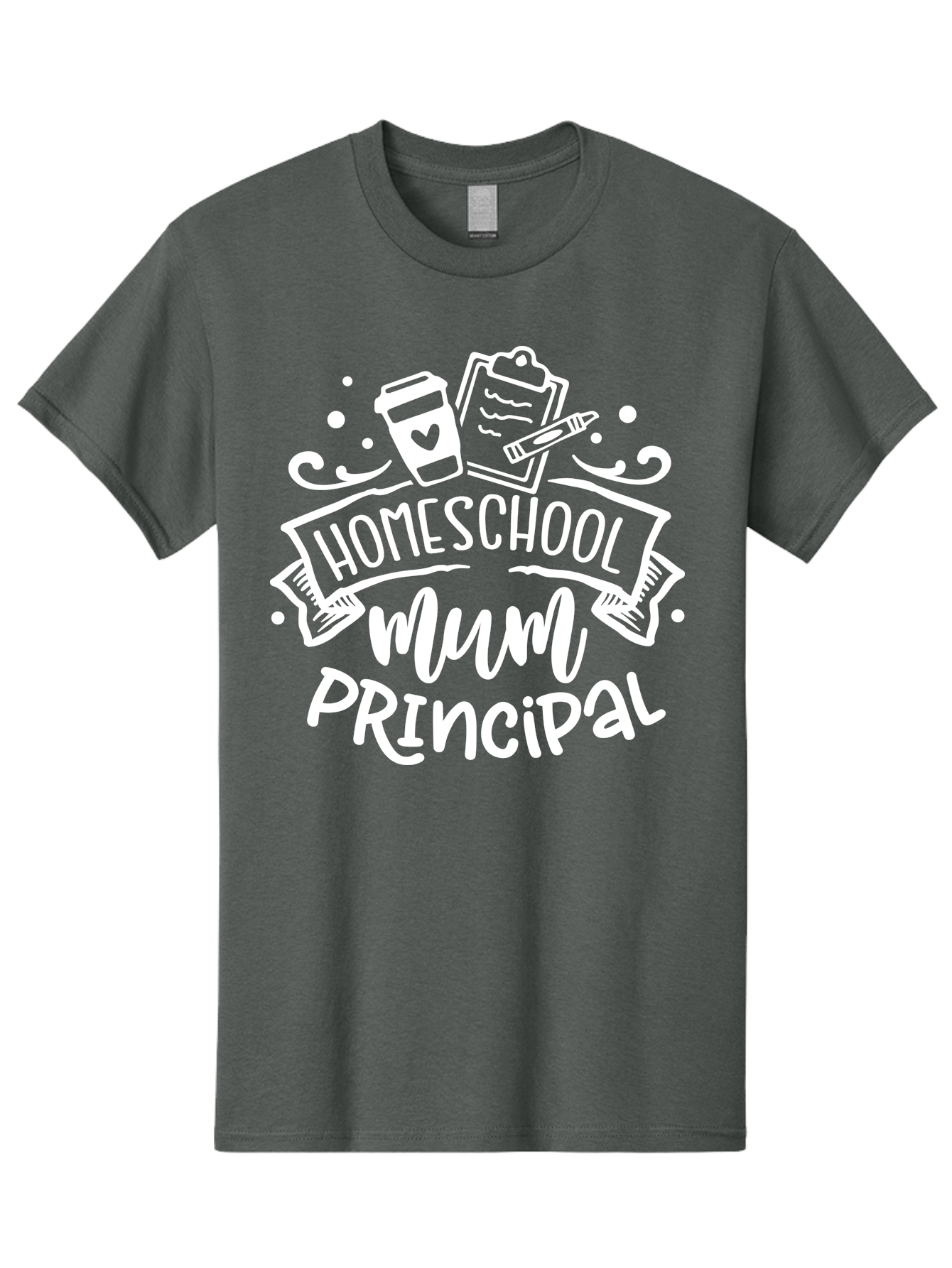 Homeschool-Mum-Principal-1 Men'S Graphic Tee, 100% Cotton, Comfortable Casual Summer Wear, Machine Washable, Homeschool Mom, Principal, Homeschooling, Coffee Cup, Clipboard, Pencil, Heart, Education, Parenting, Learning, Mom Life Aab393