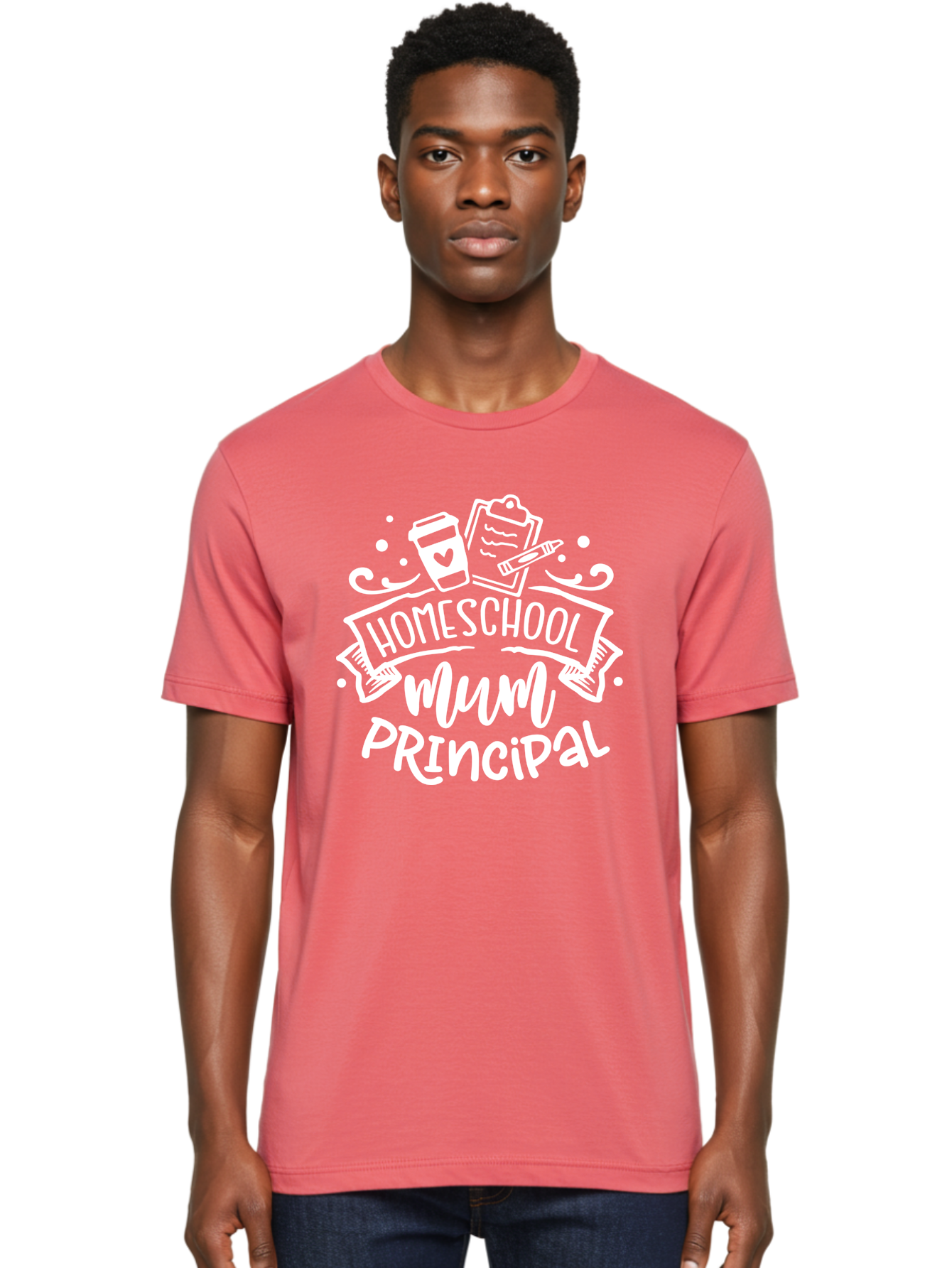 Homeschool-Mum-Principal-1 Men'S Graphic Tee, 100% Cotton, Comfortable Casual Summer Wear, Machine Washable, Homeschool Mom, Principal, Homeschooling, Coffee Cup, Clipboard, Pencil, Heart, Education, Parenting, Learning, Mom Life Aab393