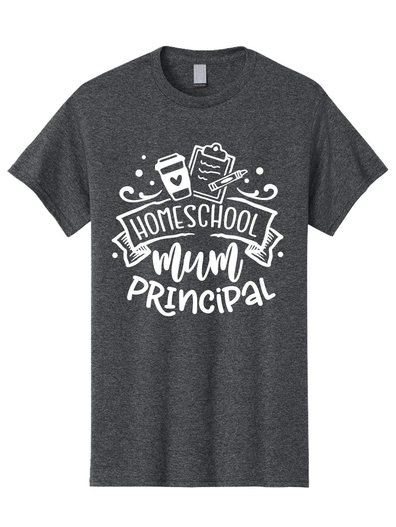 Homeschool-Mum-Principal-1 Men'S Graphic Tee, 100% Cotton, Comfortable Casual Summer Wear, Machine Washable, Homeschool Mom, Principal, Homeschooling, Coffee Cup, Clipboard, Pencil, Heart, Education, Parenting, Learning, Mom Life Aab393