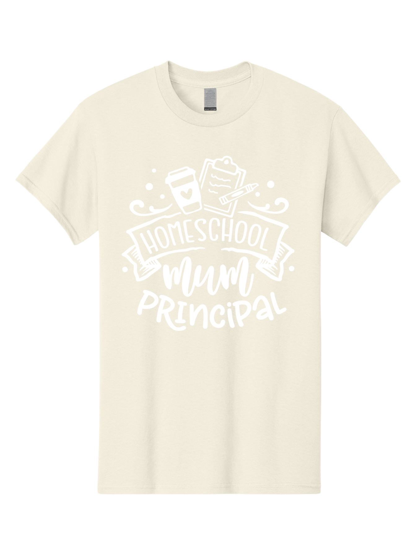 Homeschool-Mum-Principal-1 Men'S Graphic Tee, 100% Cotton, Comfortable Casual Summer Wear, Machine Washable, Homeschool Mom, Principal, Homeschooling, Coffee Cup, Clipboard, Pencil, Heart, Education, Parenting, Learning, Mom Life Aab393