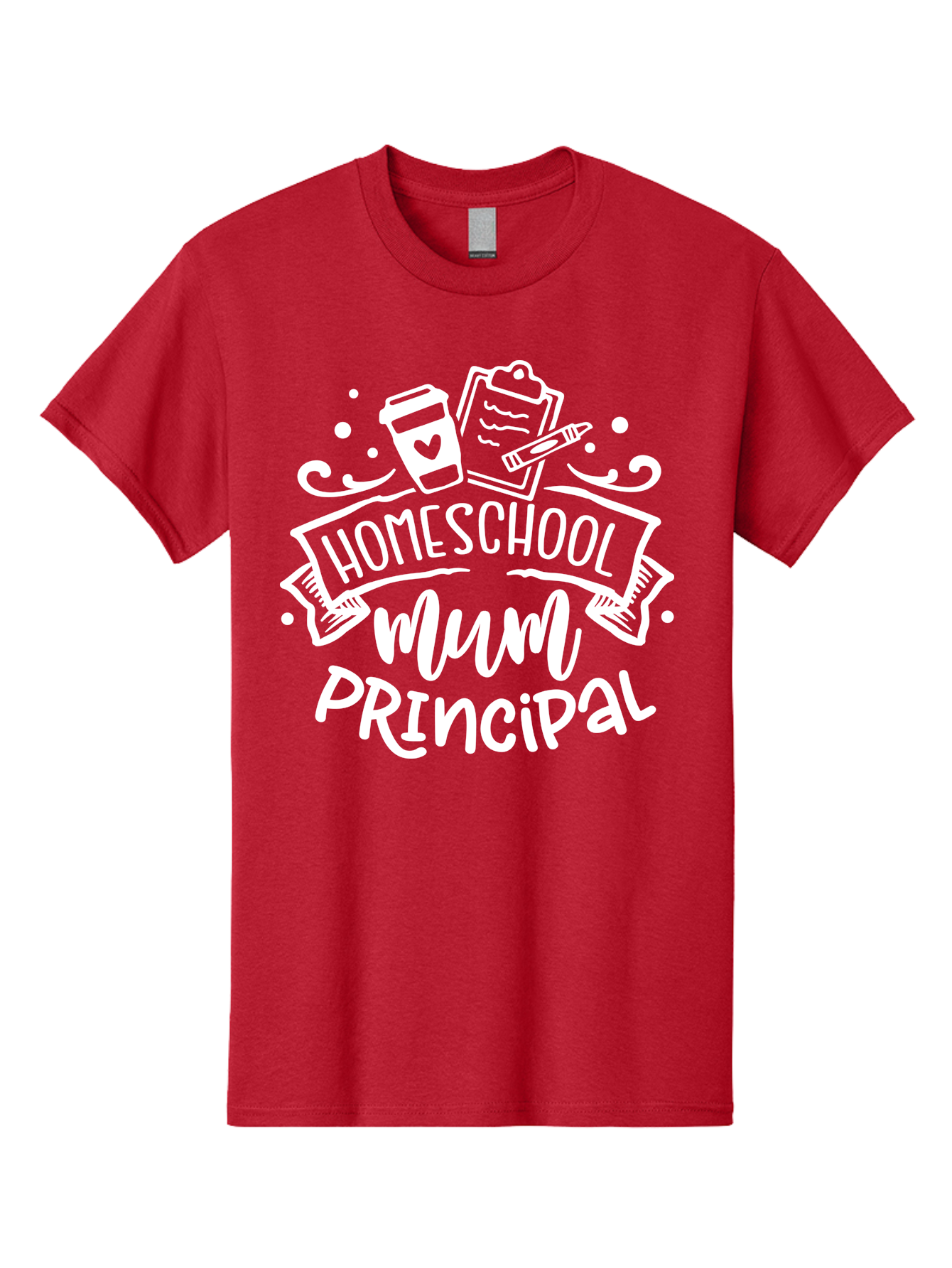 Homeschool-Mum-Principal-1 Men'S Graphic Tee, 100% Cotton, Comfortable Casual Summer Wear, Machine Washable, Homeschool Mom, Principal, Homeschooling, Coffee Cup, Clipboard, Pencil, Heart, Education, Parenting, Learning, Mom Life Aab393