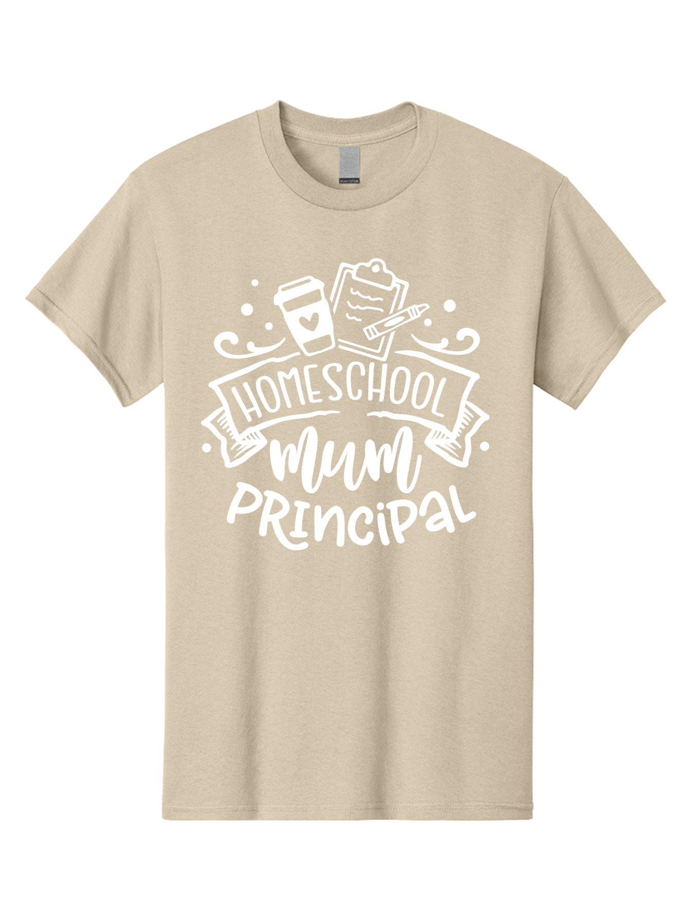 Homeschool-Mum-Principal-1 Men'S Graphic Tee, 100% Cotton, Comfortable Casual Summer Wear, Machine Washable, Homeschool Mom, Principal, Homeschooling, Coffee Cup, Clipboard, Pencil, Heart, Education, Parenting, Learning, Mom Life Aab393