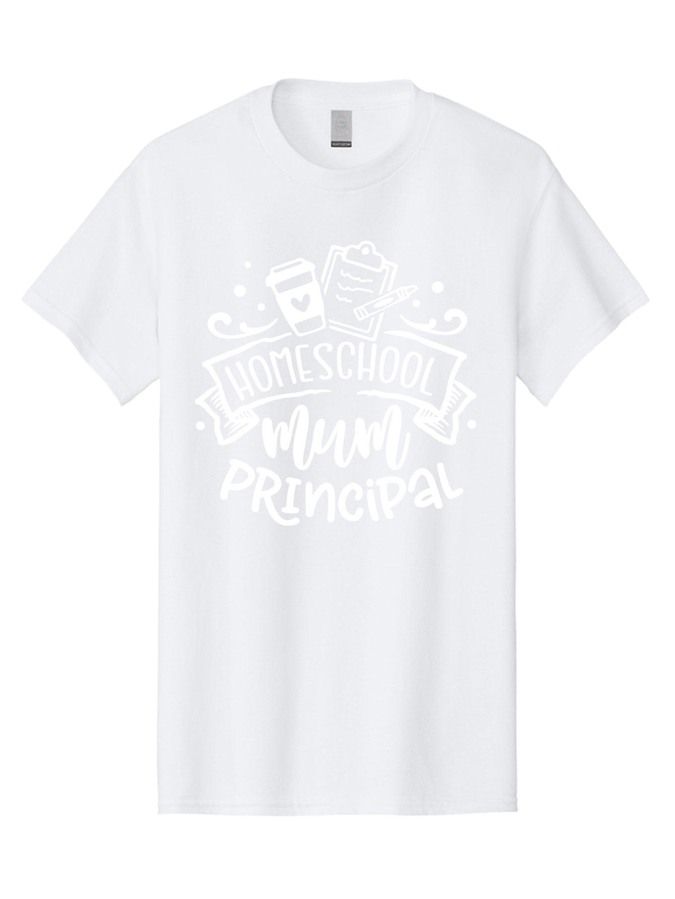 Homeschool-Mum-Principal-1 Men'S Graphic Tee, 100% Cotton, Comfortable Casual Summer Wear, Machine Washable, Homeschool Mom, Principal, Homeschooling, Coffee Cup, Clipboard, Pencil, Heart, Education, Parenting, Learning, Mom Life Aab393