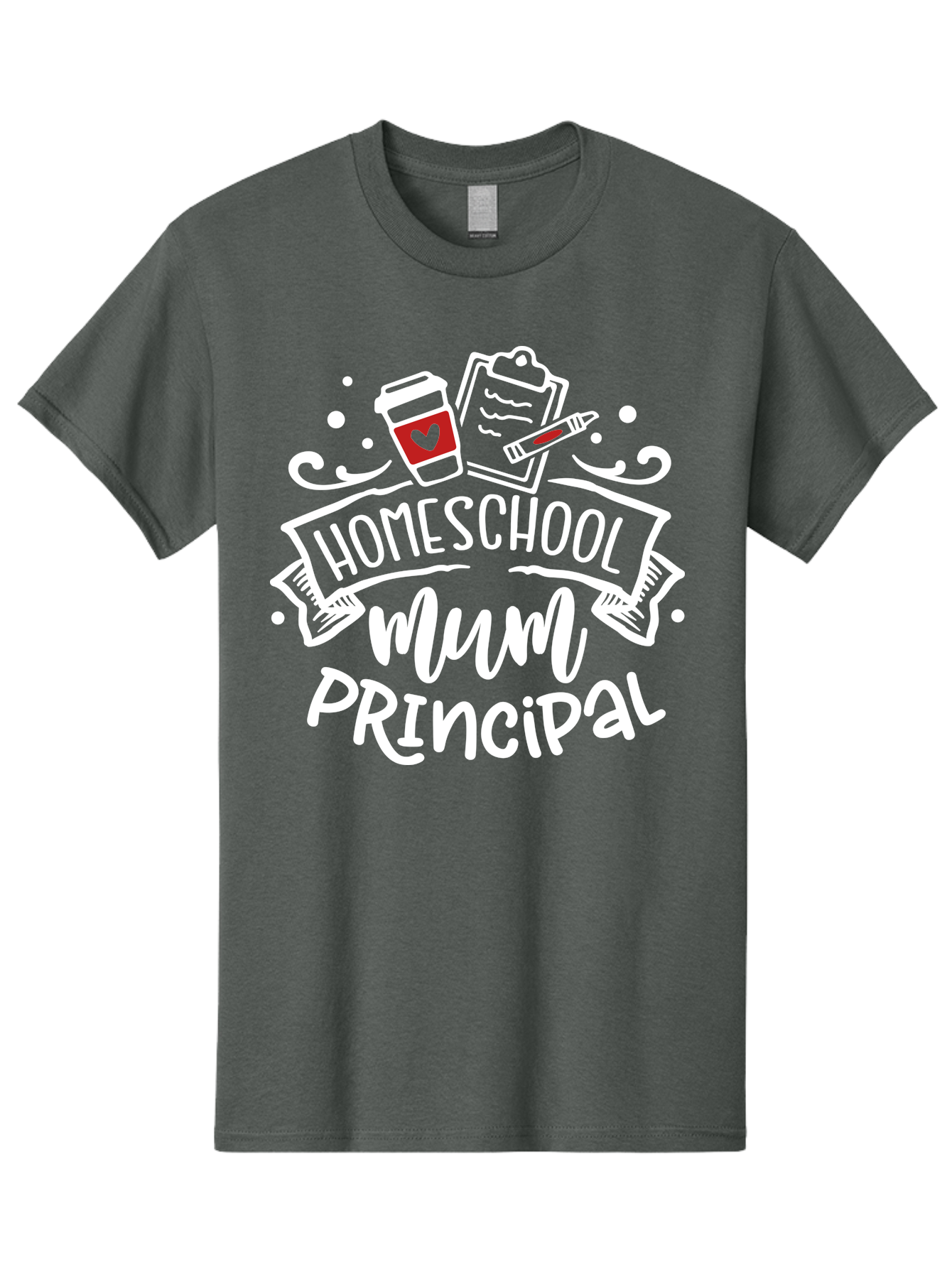 Homeschool-Mum-Principal-2 Men'S Graphic Tee, 100% Cotton, Comfortable Casual Summer Wear, Machine Washable, Homeschool, Homeschooling, Education, Learning, Parenting, Motherhood, Coffee, Clipboard, Marker, Heart, Homeschool Mum Aab394