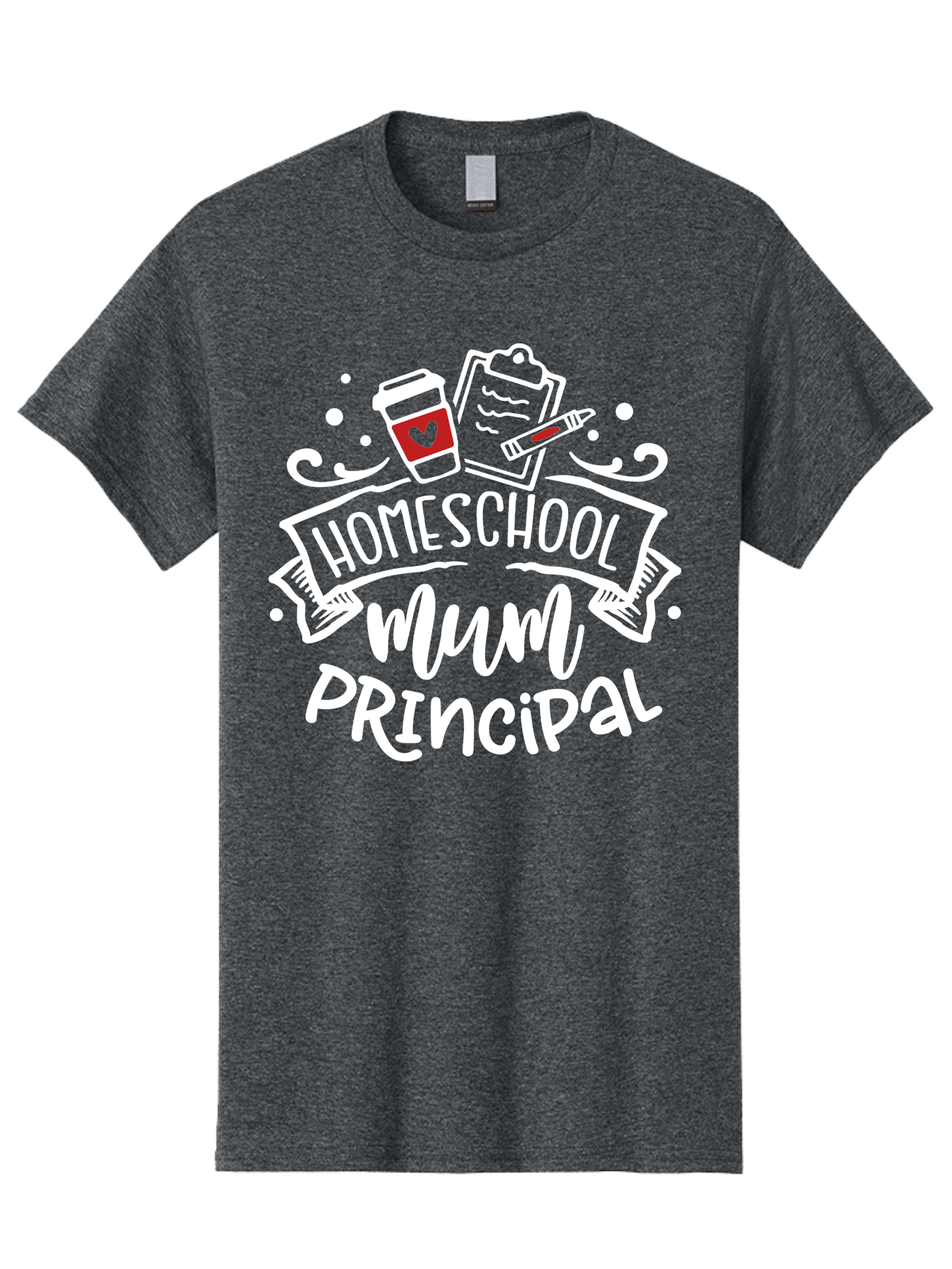 Homeschool-Mum-Principal-2 Men'S Graphic Tee, 100% Cotton, Comfortable Casual Summer Wear, Machine Washable, Homeschool, Homeschooling, Education, Learning, Parenting, Motherhood, Coffee, Clipboard, Marker, Heart, Homeschool Mum Aab394