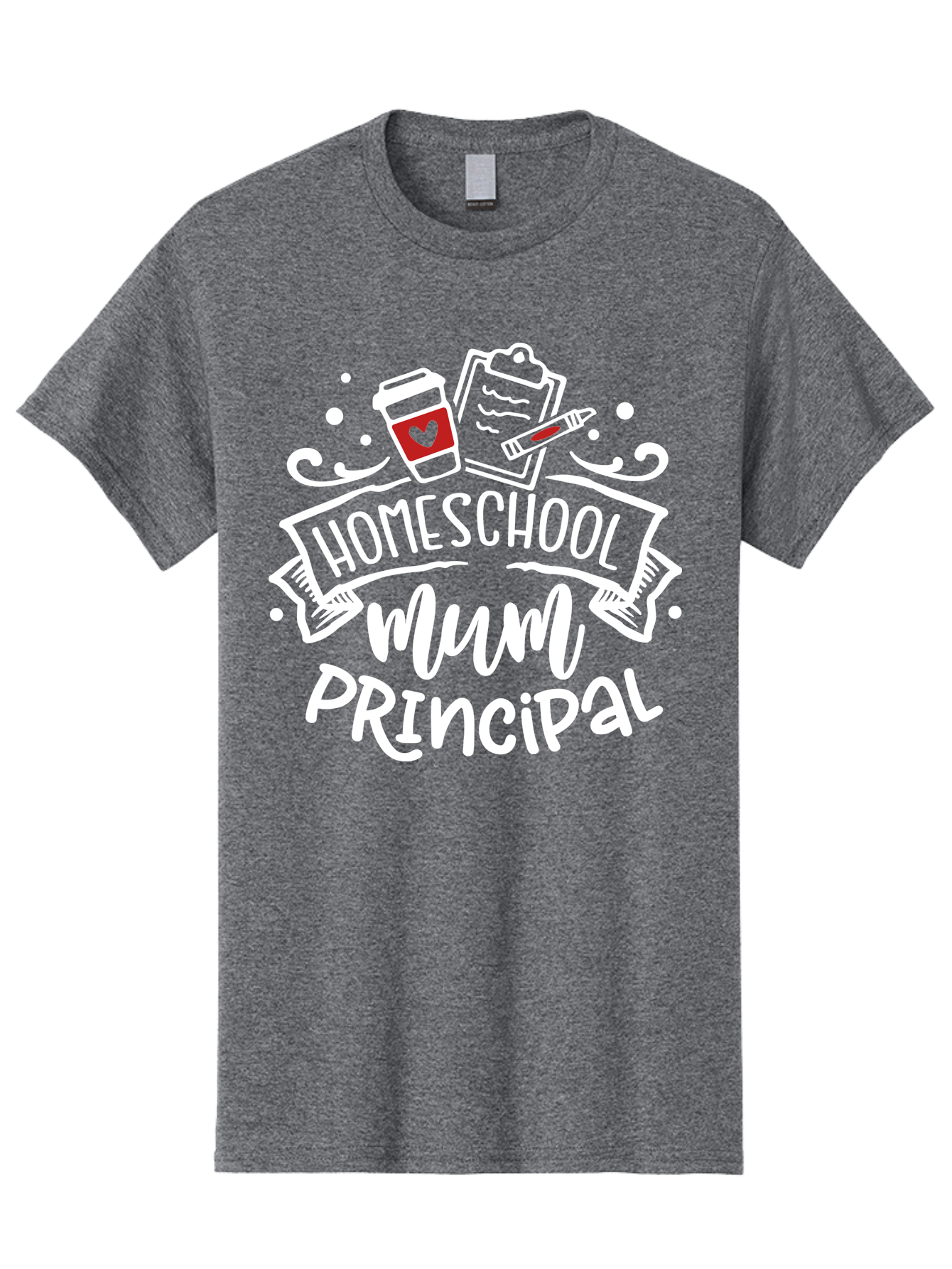 Homeschool-Mum-Principal-2 Men'S Graphic Tee, 100% Cotton, Comfortable Casual Summer Wear, Machine Washable, Homeschool, Homeschooling, Education, Learning, Parenting, Motherhood, Coffee, Clipboard, Marker, Heart, Homeschool Mum Aab394