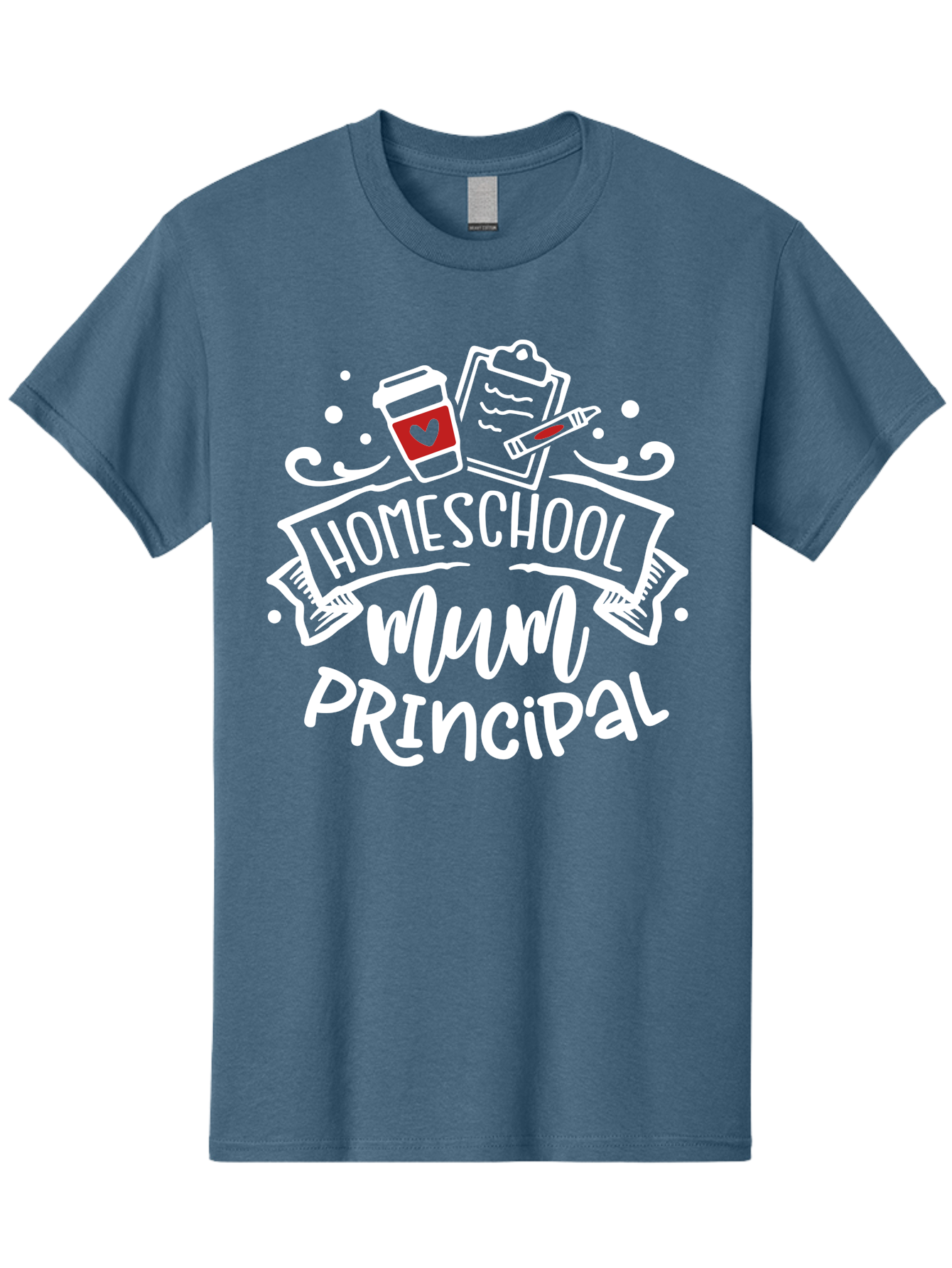 Homeschool-Mum-Principal-2 Men'S Graphic Tee, 100% Cotton, Comfortable Casual Summer Wear, Machine Washable, Homeschool, Homeschooling, Education, Learning, Parenting, Motherhood, Coffee, Clipboard, Marker, Heart, Homeschool Mum Aab394