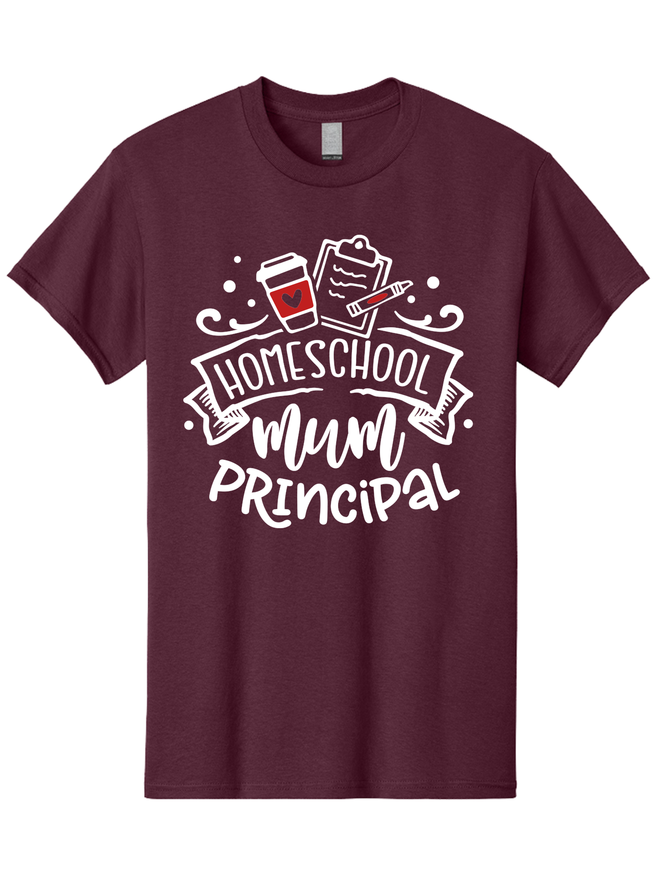 Homeschool-Mum-Principal-2 Men'S Graphic Tee, 100% Cotton, Comfortable Casual Summer Wear, Machine Washable, Homeschool, Homeschooling, Education, Learning, Parenting, Motherhood, Coffee, Clipboard, Marker, Heart, Homeschool Mum Aab394