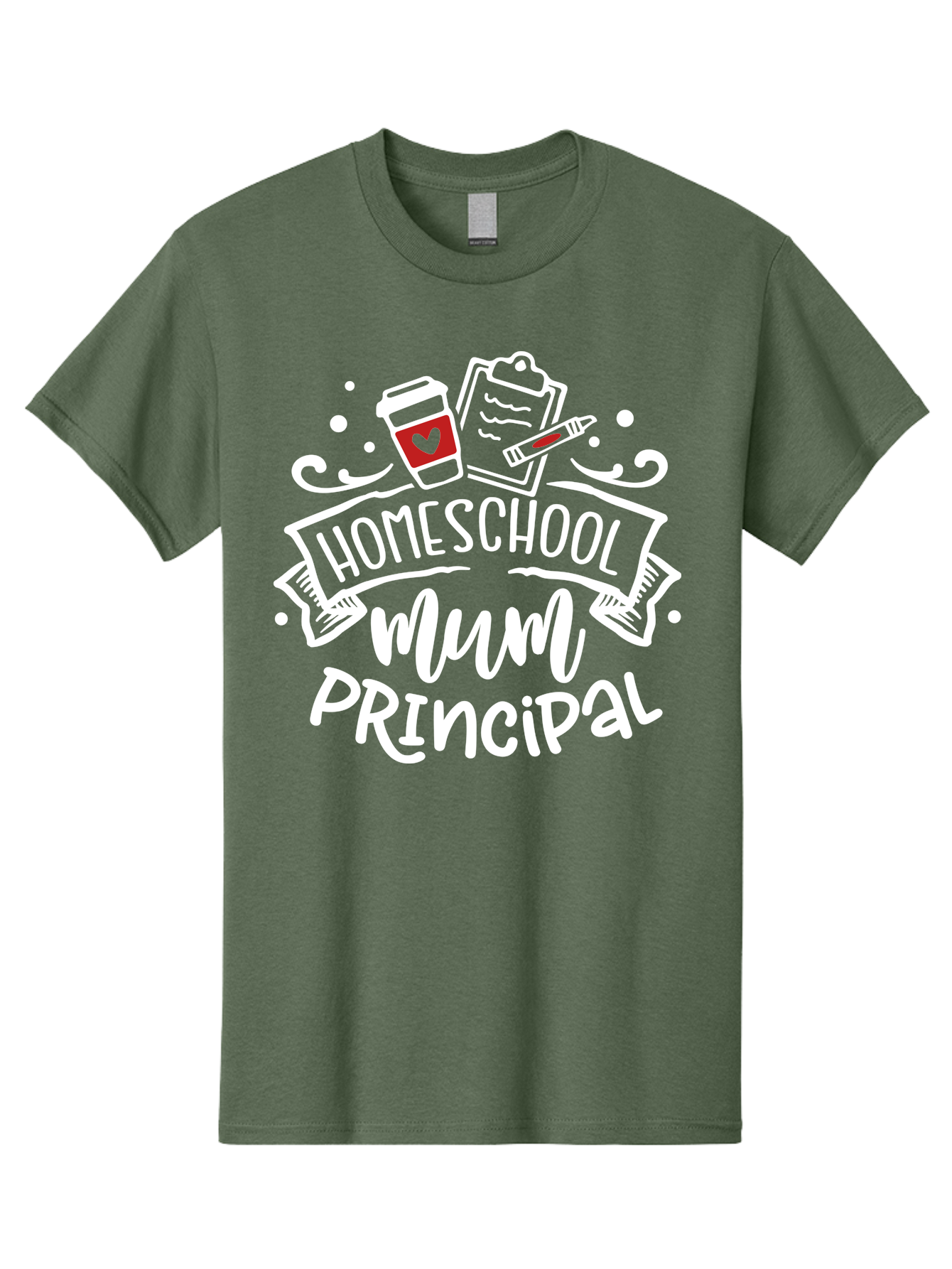 Homeschool-Mum-Principal-2 Men'S Graphic Tee, 100% Cotton, Comfortable Casual Summer Wear, Machine Washable, Homeschool, Homeschooling, Education, Learning, Parenting, Motherhood, Coffee, Clipboard, Marker, Heart, Homeschool Mum Aab394