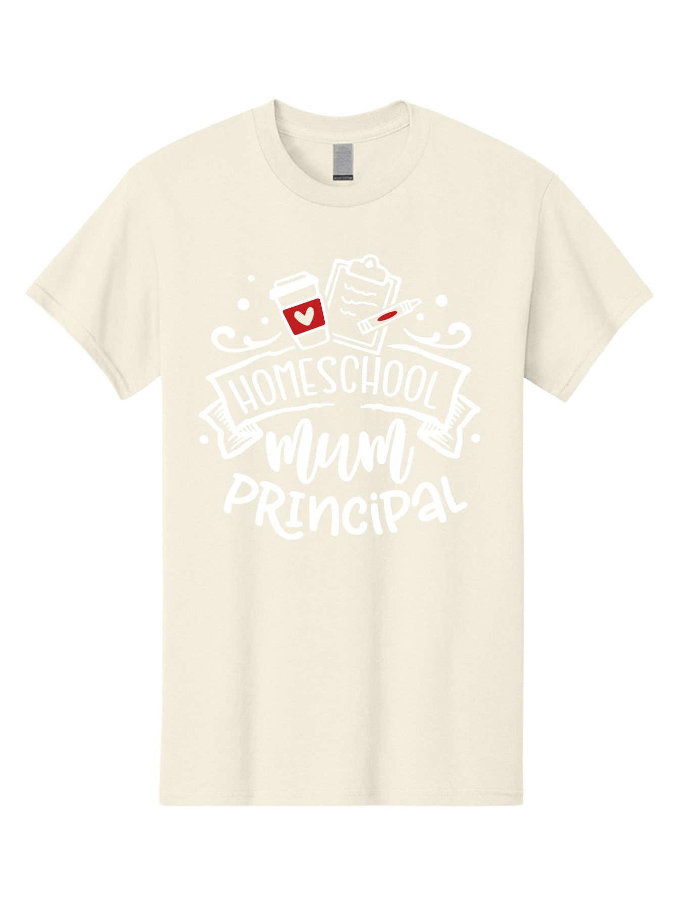 Homeschool-Mum-Principal-2 Men'S Graphic Tee, 100% Cotton, Comfortable Casual Summer Wear, Machine Washable, Homeschool, Homeschooling, Education, Learning, Parenting, Motherhood, Coffee, Clipboard, Marker, Heart, Homeschool Mum Aab394
