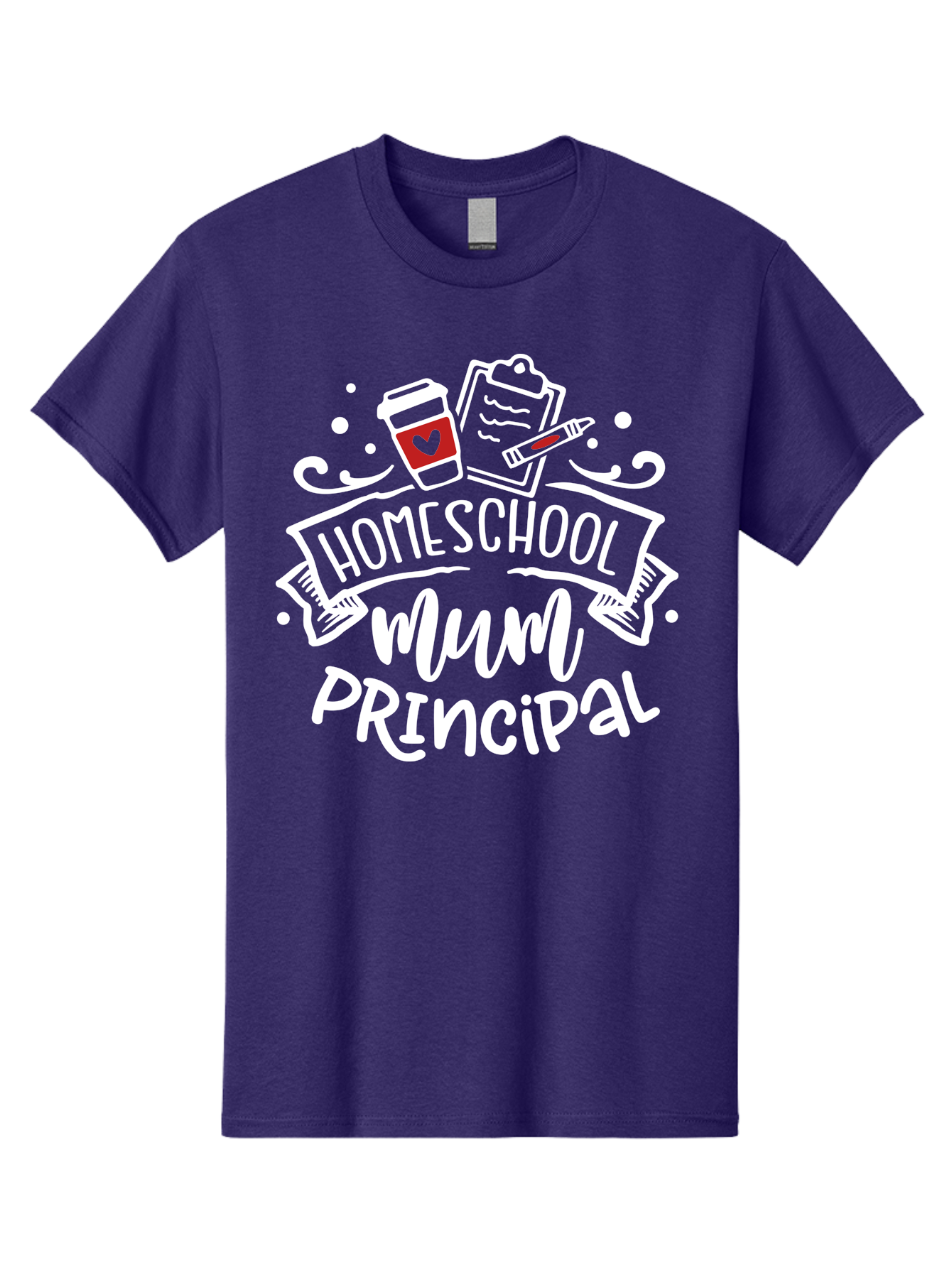 Homeschool-Mum-Principal-2 Men'S Graphic Tee, 100% Cotton, Comfortable Casual Summer Wear, Machine Washable, Homeschool, Homeschooling, Education, Learning, Parenting, Motherhood, Coffee, Clipboard, Marker, Heart, Homeschool Mum Aab394