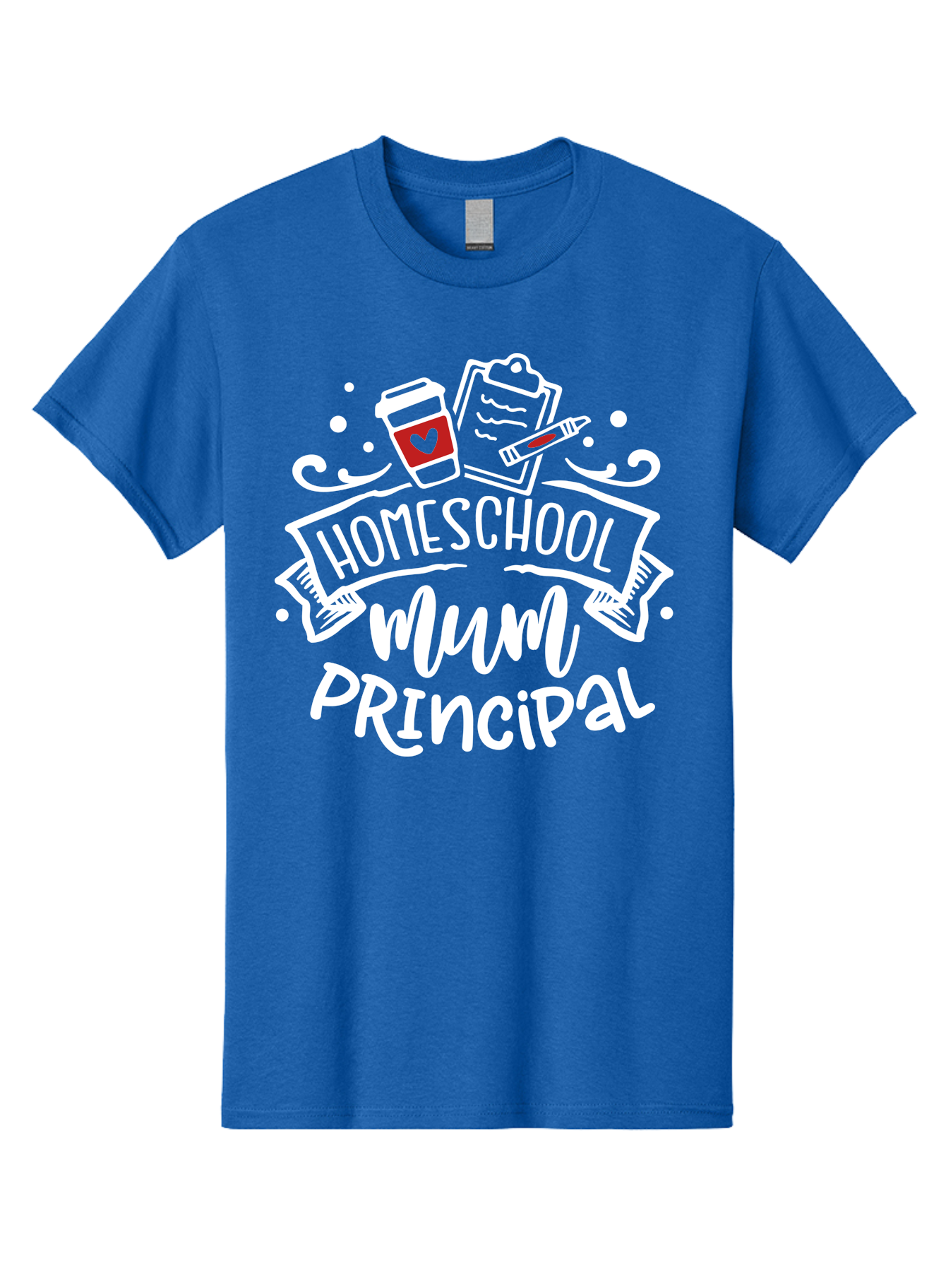 Homeschool-Mum-Principal-2 Men'S Graphic Tee, 100% Cotton, Comfortable Casual Summer Wear, Machine Washable, Homeschool, Homeschooling, Education, Learning, Parenting, Motherhood, Coffee, Clipboard, Marker, Heart, Homeschool Mum Aab394