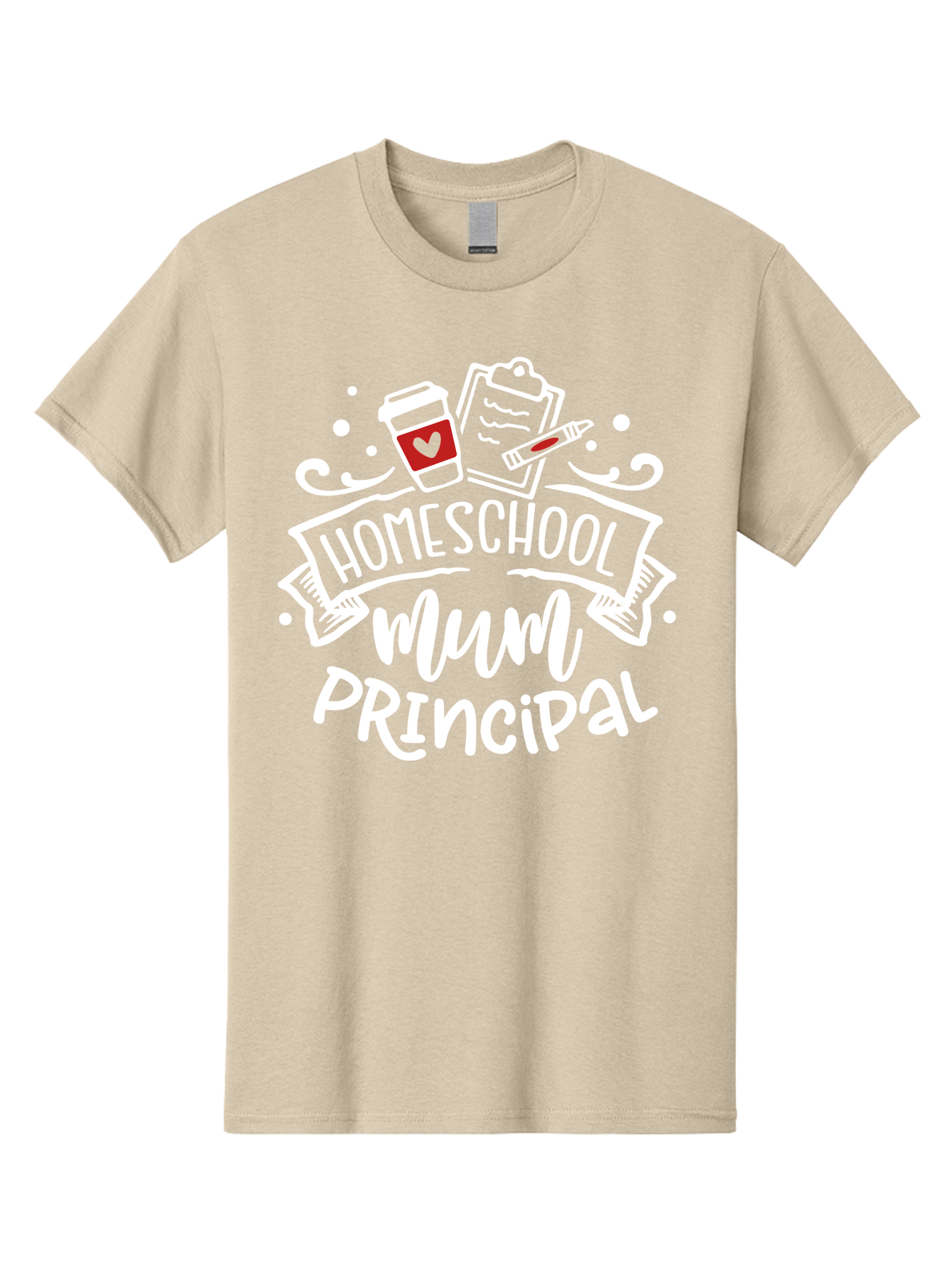 Homeschool-Mum-Principal-2 Men'S Graphic Tee, 100% Cotton, Comfortable Casual Summer Wear, Machine Washable, Homeschool, Homeschooling, Education, Learning, Parenting, Motherhood, Coffee, Clipboard, Marker, Heart, Homeschool Mum Aab394