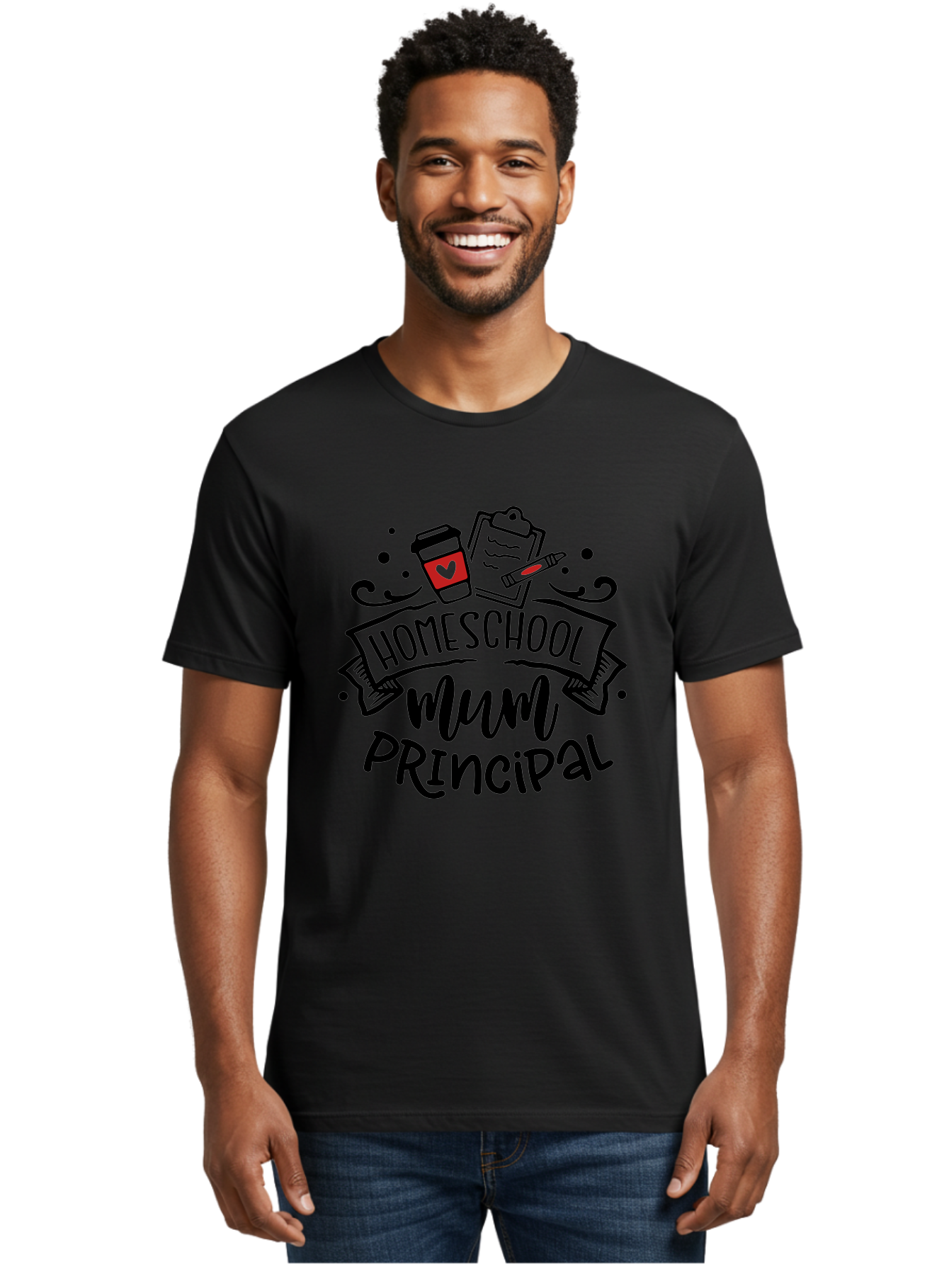 Homeschool-Mum-Principal-3 Men'S Graphic Tee, 100% Cotton, Comfortable Casual Summer Wear, Machine Washable, Homeschool Mum, Principal, Education, Learning, Teaching, Coffee Cup, Clipboard, Pencil, Doodle Art, Playful Design, Aab395