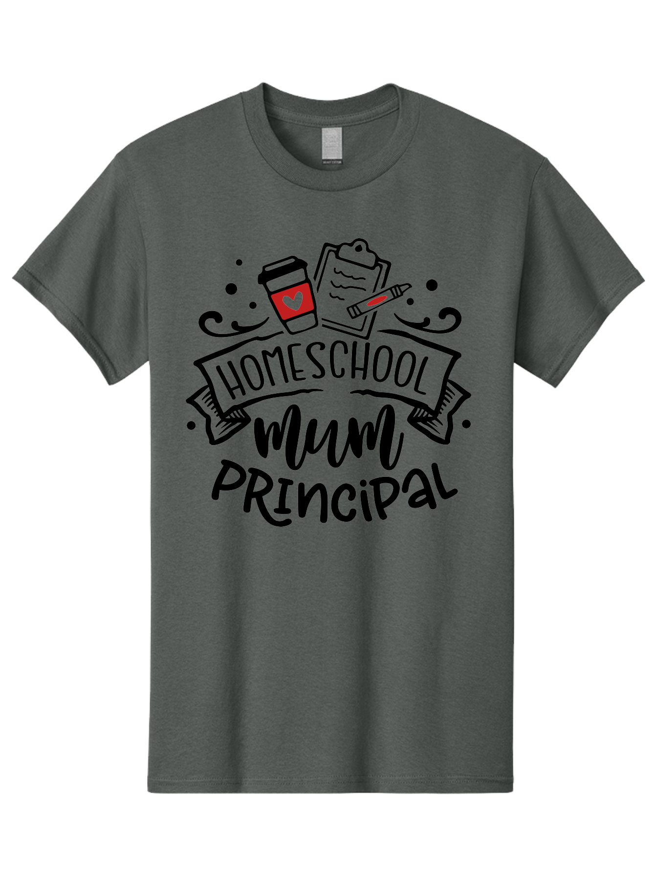 Homeschool-Mum-Principal-3 Men'S Graphic Tee, 100% Cotton, Comfortable Casual Summer Wear, Machine Washable, Homeschool Mum, Principal, Education, Learning, Teaching, Coffee Cup, Clipboard, Pencil, Doodle Art, Playful Design, Aab395