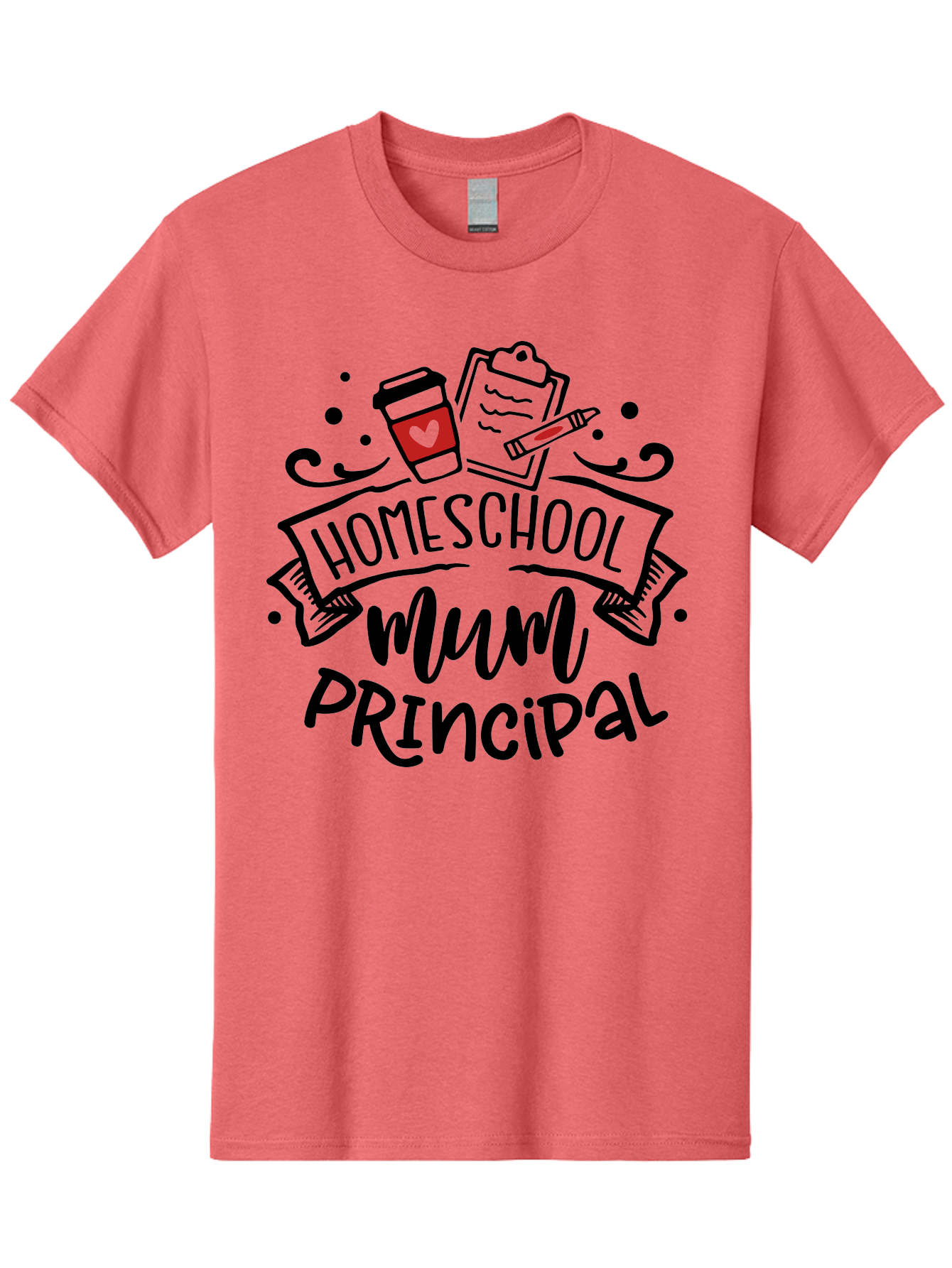 Homeschool-Mum-Principal-3 Men'S Graphic Tee, 100% Cotton, Comfortable Casual Summer Wear, Machine Washable, Homeschool Mum, Principal, Education, Learning, Teaching, Coffee Cup, Clipboard, Pencil, Doodle Art, Playful Design, Aab395