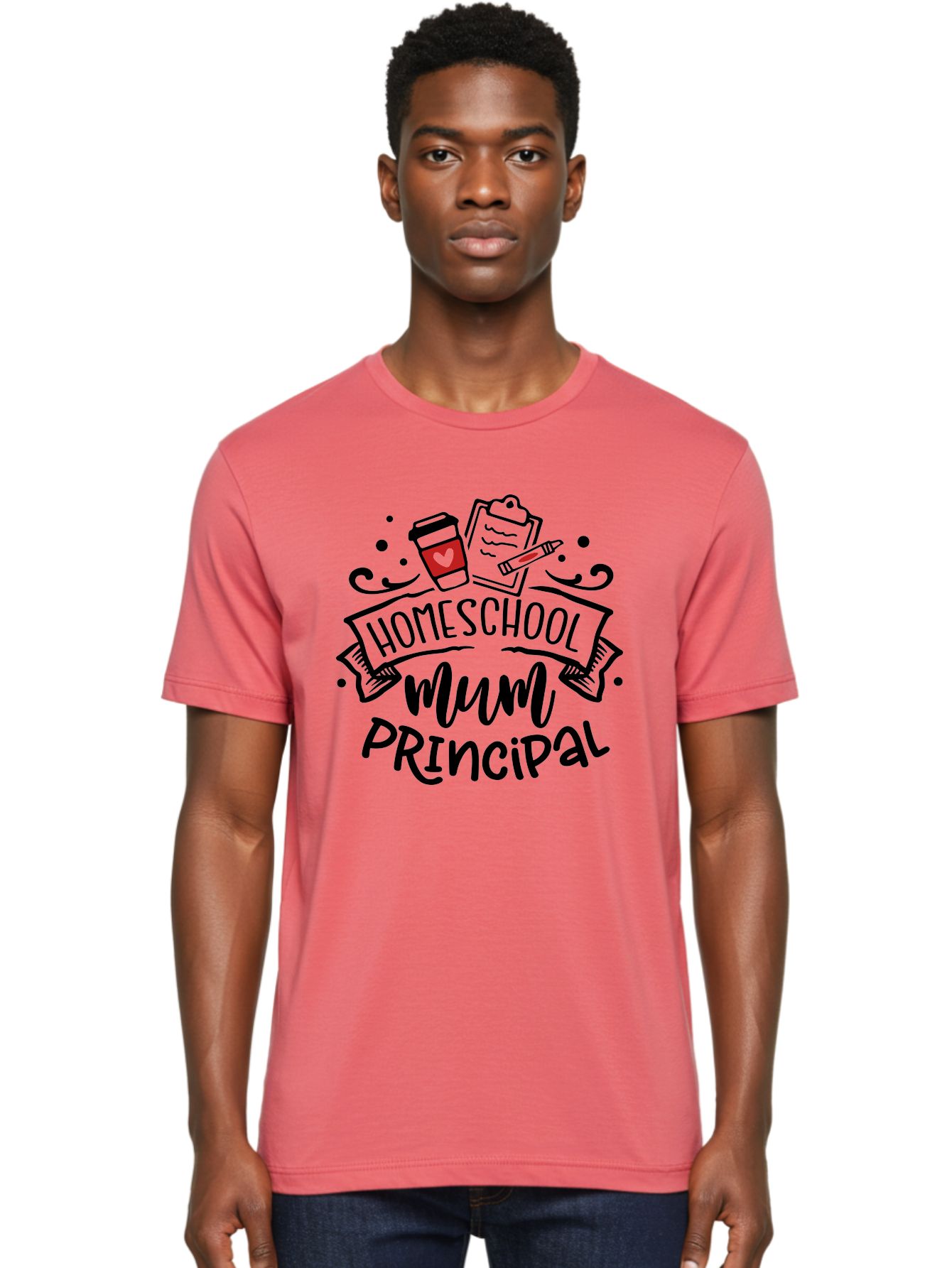 Homeschool-Mum-Principal-3 Men'S Graphic Tee, 100% Cotton, Comfortable Casual Summer Wear, Machine Washable, Homeschool Mum, Principal, Education, Learning, Teaching, Coffee Cup, Clipboard, Pencil, Doodle Art, Playful Design, Aab395