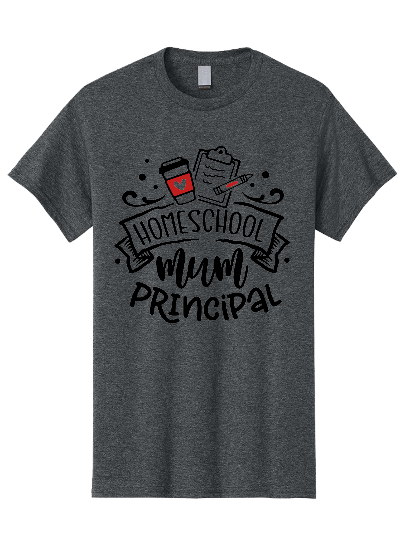 Homeschool-Mum-Principal-3 Men'S Graphic Tee, 100% Cotton, Comfortable Casual Summer Wear, Machine Washable, Homeschool Mum, Principal, Education, Learning, Teaching, Coffee Cup, Clipboard, Pencil, Doodle Art, Playful Design, Aab395