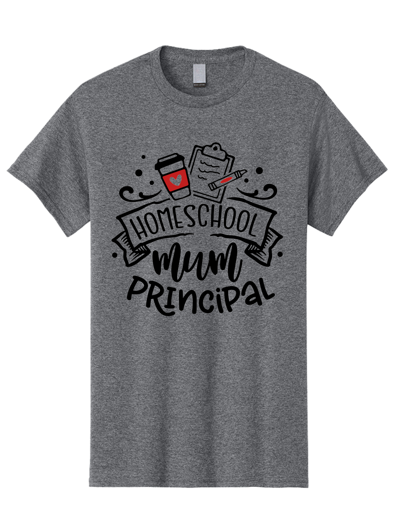 Homeschool-Mum-Principal-3 Men'S Graphic Tee, 100% Cotton, Comfortable Casual Summer Wear, Machine Washable, Homeschool Mum, Principal, Education, Learning, Teaching, Coffee Cup, Clipboard, Pencil, Doodle Art, Playful Design, Aab395