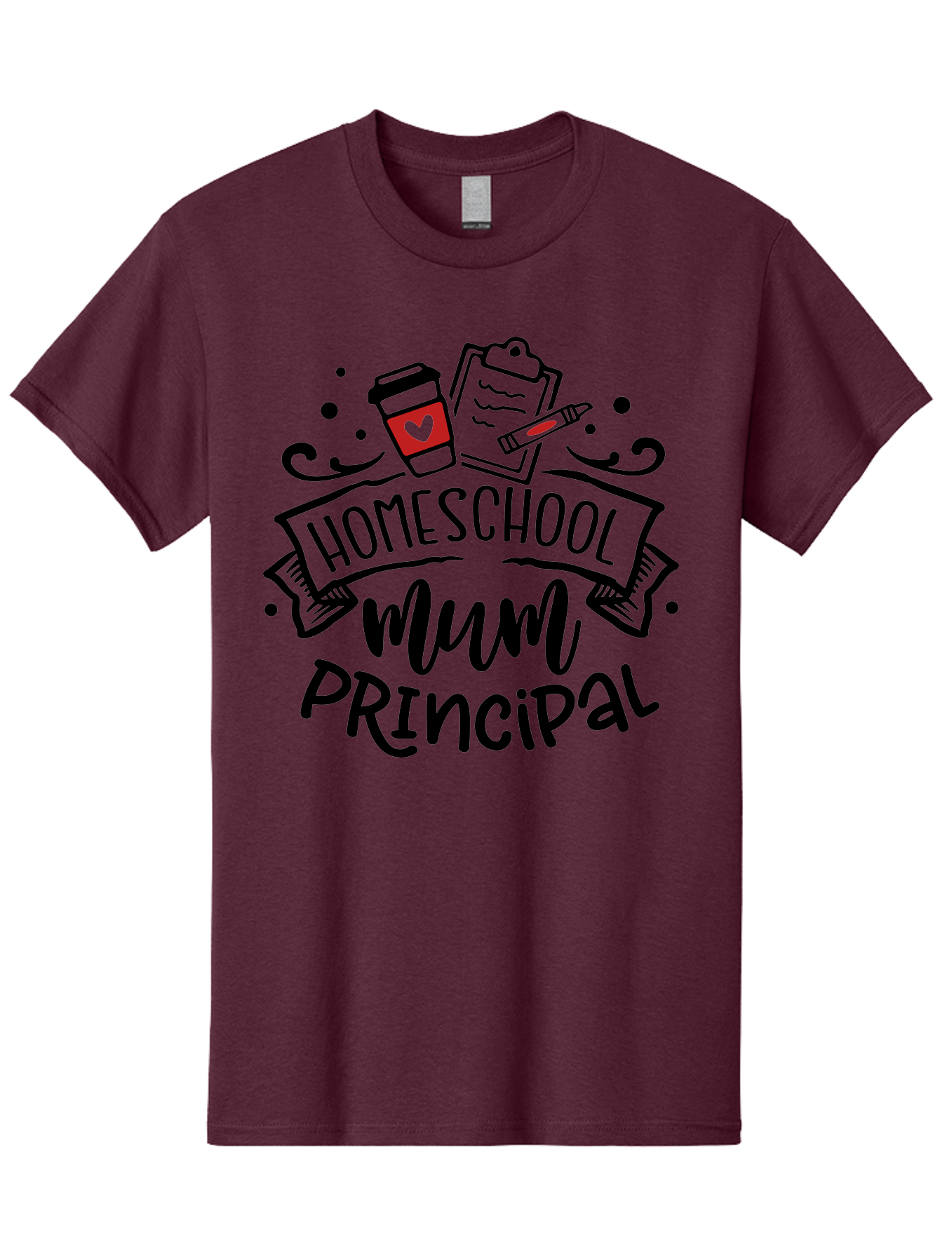 Homeschool-Mum-Principal-3 Men'S Graphic Tee, 100% Cotton, Comfortable Casual Summer Wear, Machine Washable, Homeschool Mum, Principal, Education, Learning, Teaching, Coffee Cup, Clipboard, Pencil, Doodle Art, Playful Design, Aab395