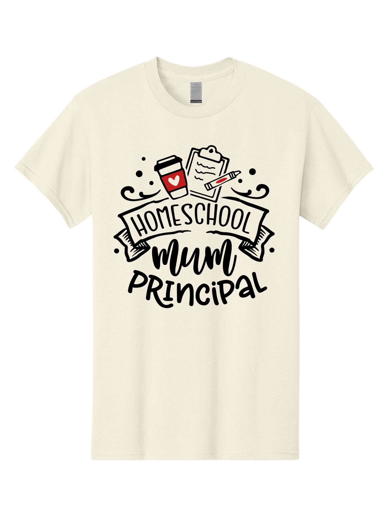 Homeschool-Mum-Principal-3 Men'S Graphic Tee, 100% Cotton, Comfortable Casual Summer Wear, Machine Washable, Homeschool Mum, Principal, Education, Learning, Teaching, Coffee Cup, Clipboard, Pencil, Doodle Art, Playful Design, Aab395
