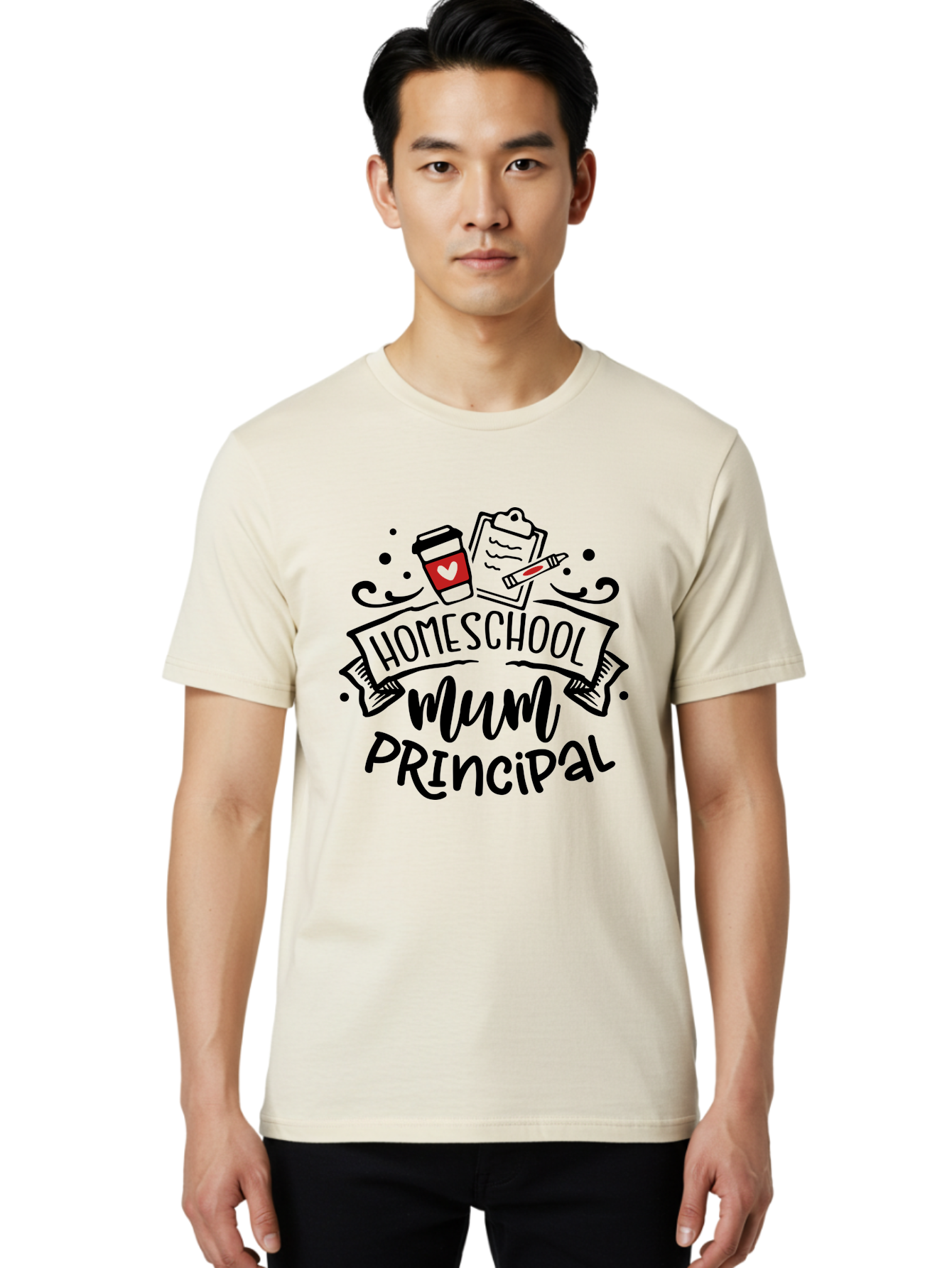 Homeschool-Mum-Principal-3 Men'S Graphic Tee, 100% Cotton, Comfortable Casual Summer Wear, Machine Washable, Homeschool Mum, Principal, Education, Learning, Teaching, Coffee Cup, Clipboard, Pencil, Doodle Art, Playful Design, Aab395