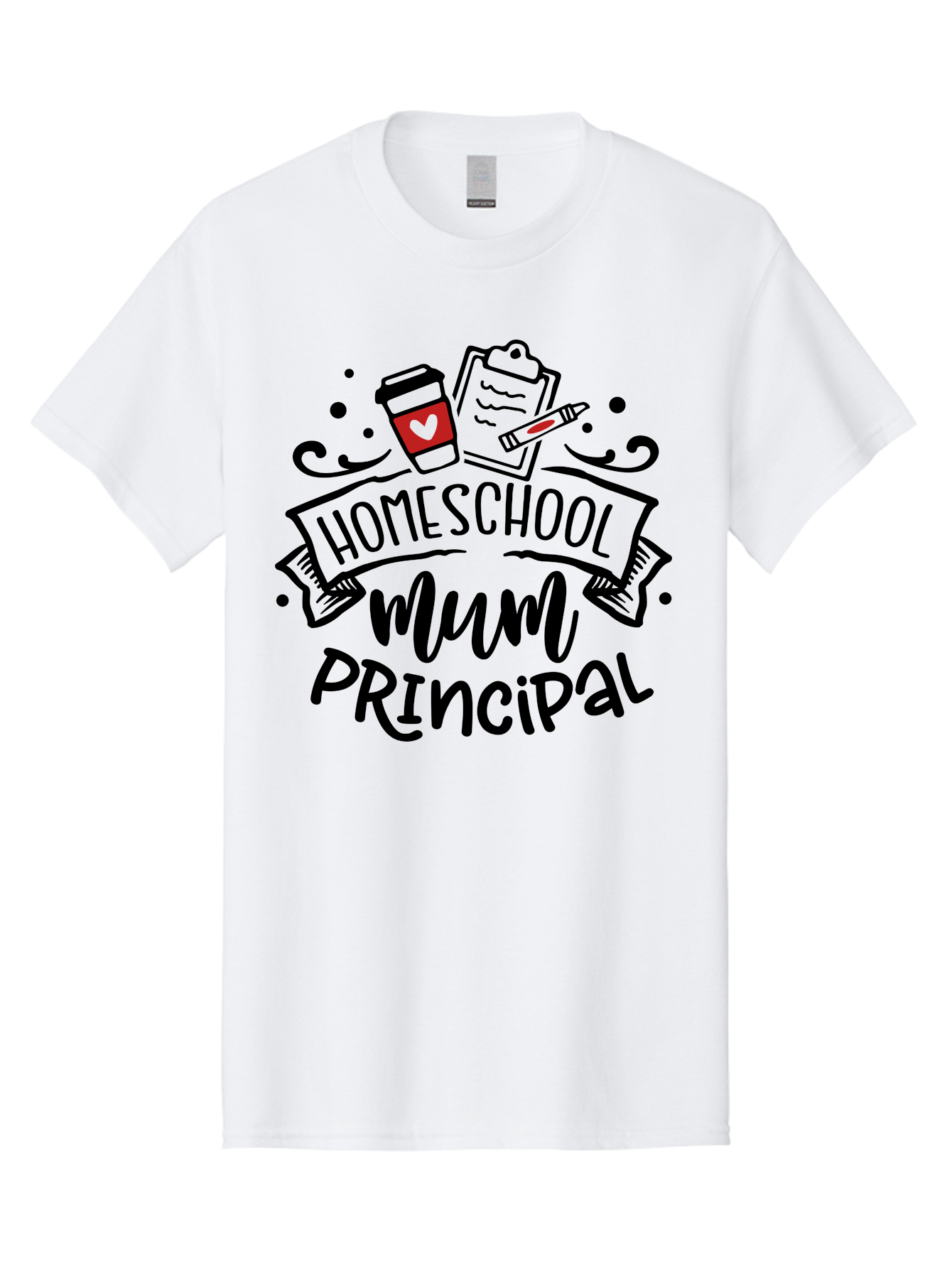 Homeschool-Mum-Principal-3 Men'S Graphic Tee, 100% Cotton, Comfortable Casual Summer Wear, Machine Washable, Homeschool Mum, Principal, Education, Learning, Teaching, Coffee Cup, Clipboard, Pencil, Doodle Art, Playful Design, Aab395