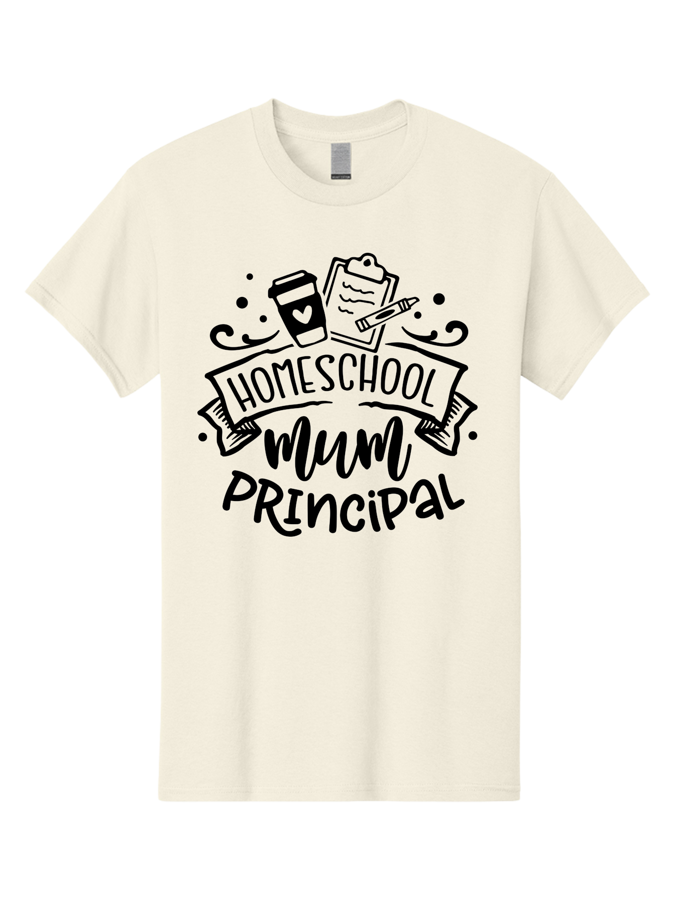 Homeschool-Mum-Principal Men'S Graphic Tee, 100% Cotton, Comfortable Casual Summer Wear, Machine Washable, Homeschool Mum Principal, Homeschooling, Education, Learning, Mom, Principal, Coffee Cup, Clipboard, Pencil, Doodle Art, Hand Drawn, Aab396