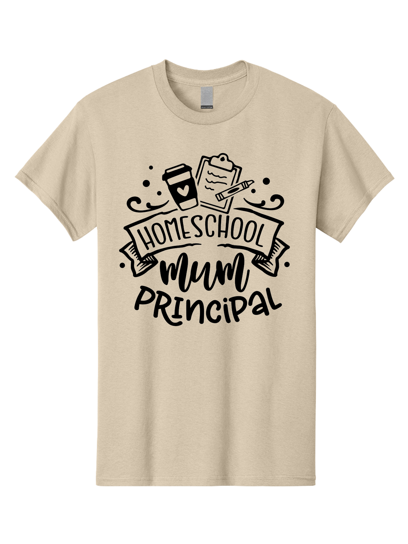 Homeschool-Mum-Principal Men'S Graphic Tee, 100% Cotton, Comfortable Casual Summer Wear, Machine Washable, Homeschool Mum Principal, Homeschooling, Education, Learning, Mom, Principal, Coffee Cup, Clipboard, Pencil, Doodle Art, Hand Drawn, Aab396