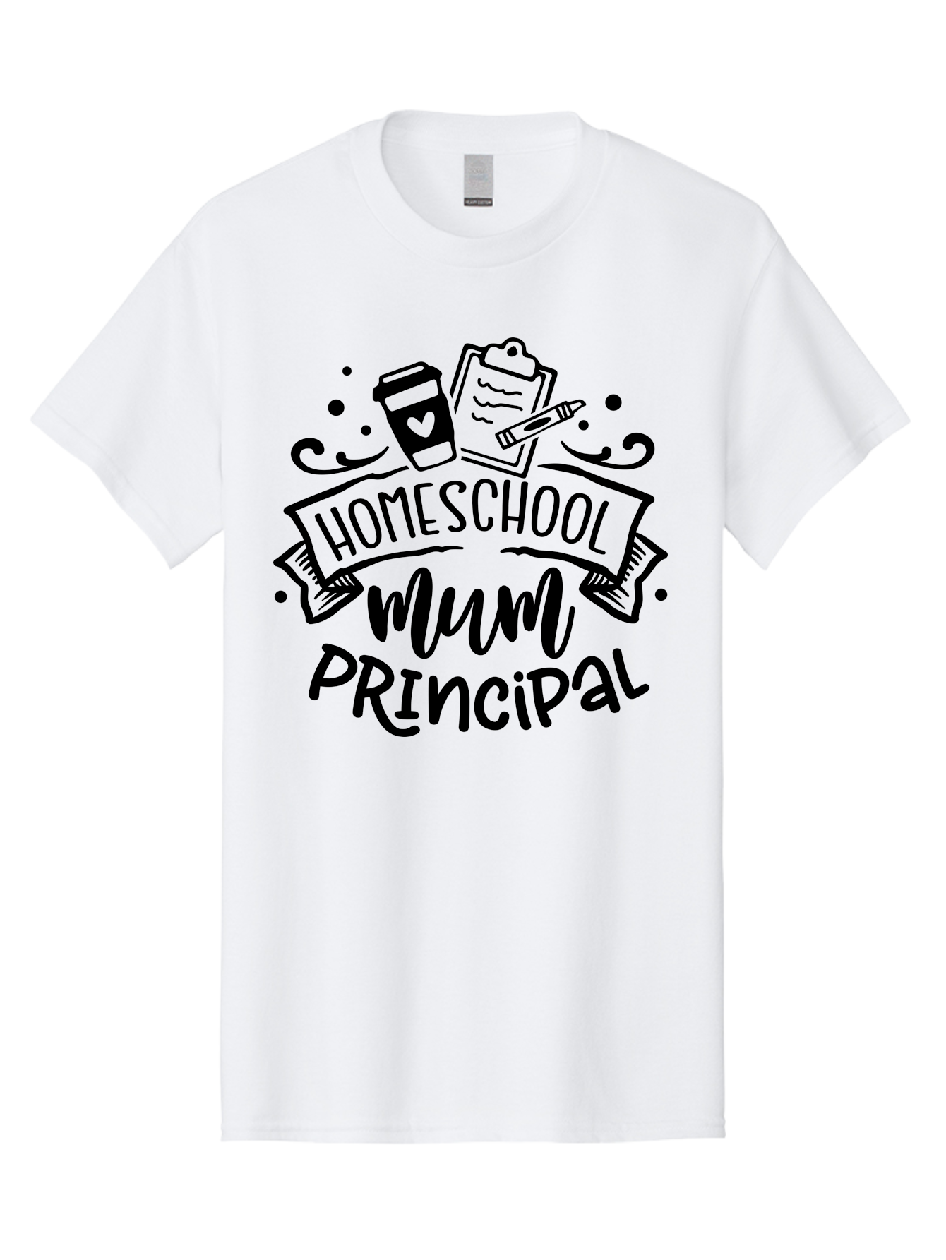 Homeschool-Mum-Principal Men'S Graphic Tee, 100% Cotton, Comfortable Casual Summer Wear, Machine Washable, Homeschool Mum Principal, Homeschooling, Education, Learning, Mom, Principal, Coffee Cup, Clipboard, Pencil, Doodle Art, Hand Drawn, Aab396