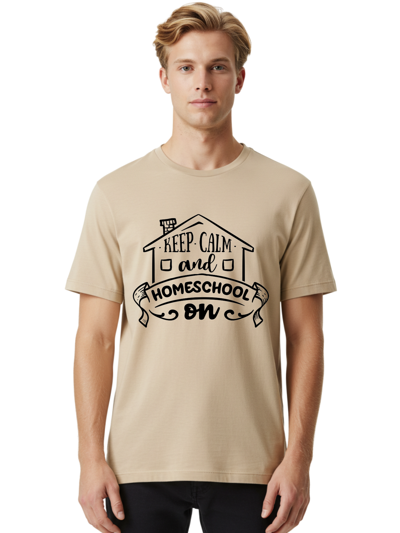 Keep-Calm-And-Homeschool-On-1 Men'S Graphic Tee, 100% Cotton, Comfortable Casual Summer Wear, Machine Washable, Homeschooling Inspiration, Keep Calm, Homeschool On, Home Education, Personalized Learning, Alternative Education, Family Learning, Aab407