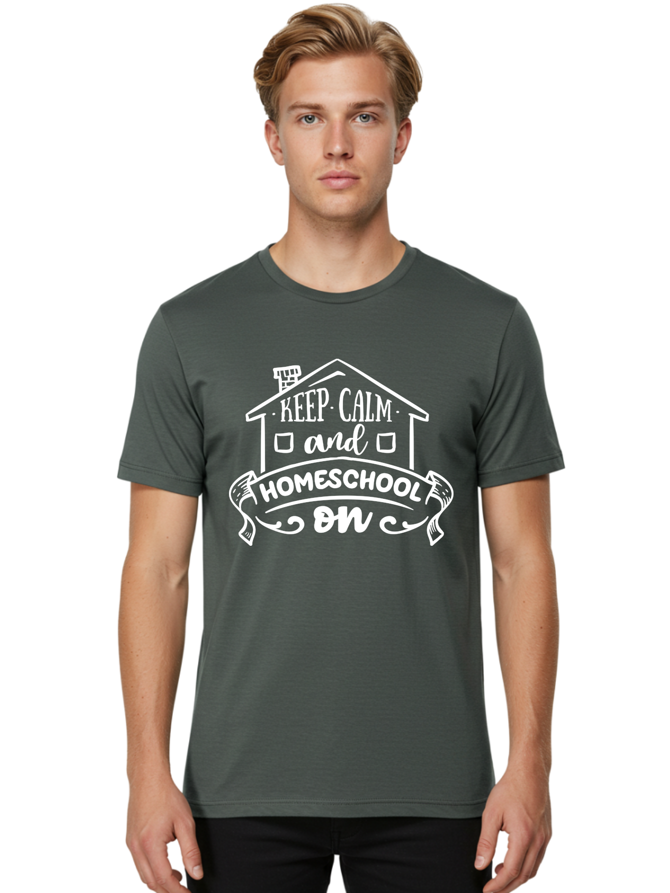 Keep-Calm-And-Homeschool-On Men'S Graphic Tee, 100% Cotton, Comfortable Casual Summer Wear, Machine Washable, Homeschooling, Homeschool, Keep Calm, Homeschool On, Alternative Education, Home Education, Learning At Home, Family Education, Aab408