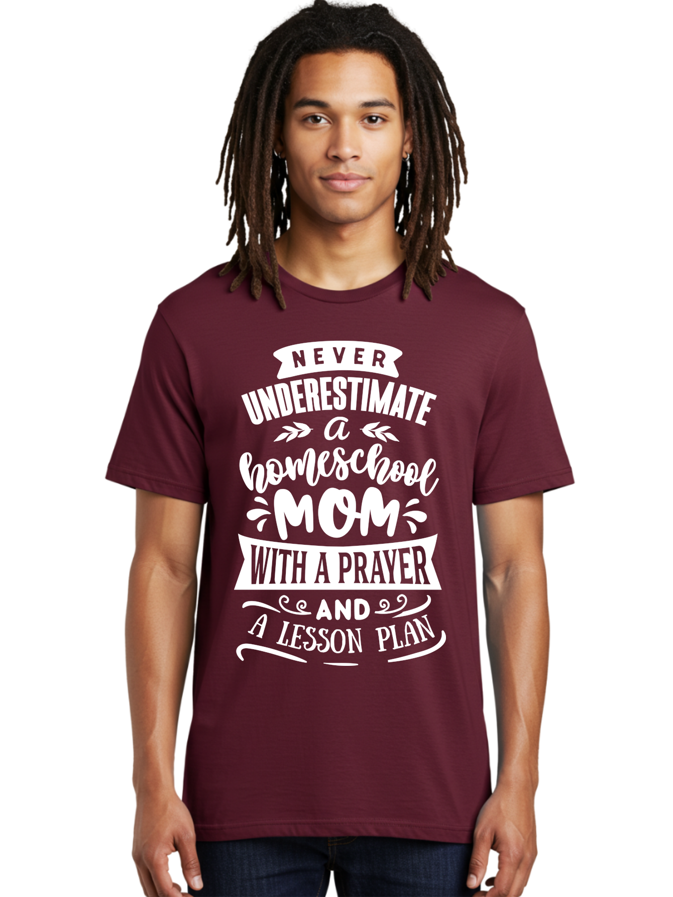 Never-Underestimate-Homeschool-Mom Men'S Graphic Tee, 100% Cotton, Comfortable Casual Summer Wear, Machine Washable, Homeschool Mom, Inspirational Quote, Motivational Message, Lesson Plan, Prayer, Homeschooling, Motherhood, Education, Aab413