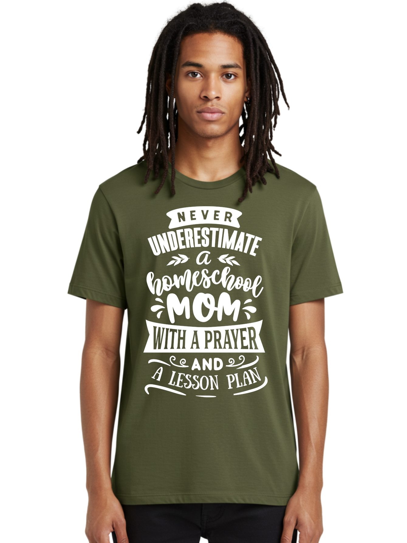 Never-Underestimate-Homeschool-Mom Men'S Graphic Tee, 100% Cotton, Comfortable Casual Summer Wear, Machine Washable, Homeschool Mom, Inspirational Quote, Motivational Message, Lesson Plan, Prayer, Homeschooling, Motherhood, Education, Aab413