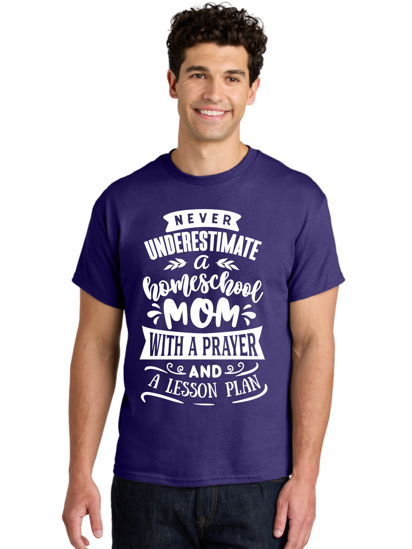 Never-Underestimate-Homeschool-Mom Men'S Graphic Tee, 100% Cotton, Comfortable Casual Summer Wear, Machine Washable, Homeschool Mom, Inspirational Quote, Motivational Message, Lesson Plan, Prayer, Homeschooling, Motherhood, Education, Aab413