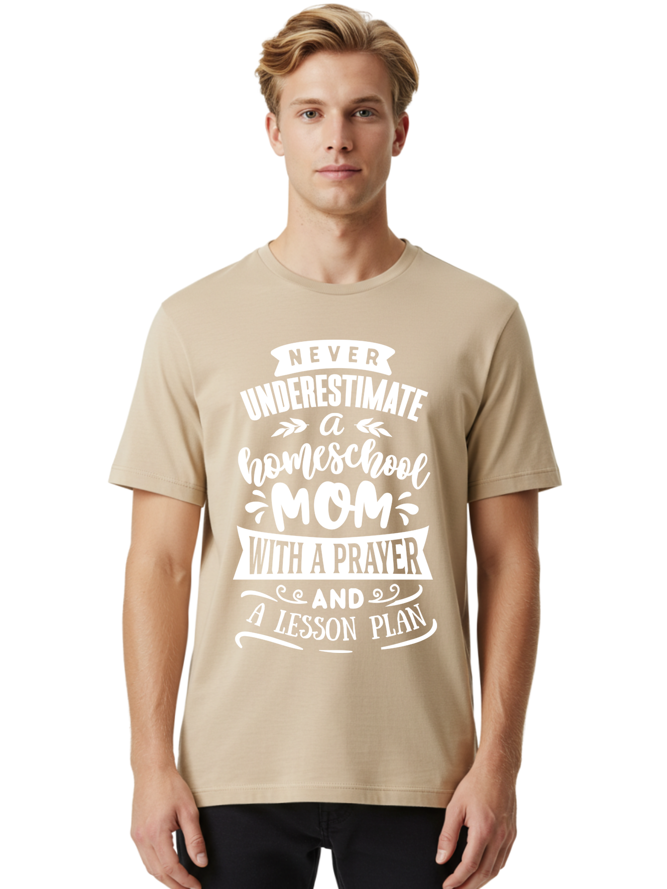 Never-Underestimate-Homeschool-Mom Men'S Graphic Tee, 100% Cotton, Comfortable Casual Summer Wear, Machine Washable, Homeschool Mom, Inspirational Quote, Motivational Message, Lesson Plan, Prayer, Homeschooling, Motherhood, Education, Aab413