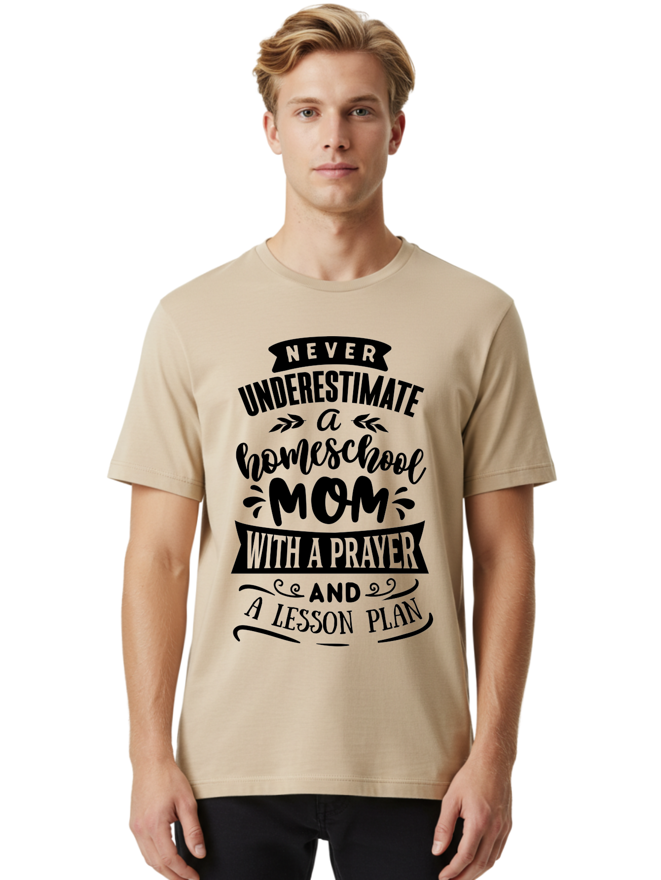 Never-Underestimate-Mom Men'S Graphic Tee, 100% Cotton, Comfortable Casual Summer Wear, Machine Washable, Homeschool Mom, Inspirational Quote, Motivational Phrase, Homeschooling, Prayer, Lesson Plan, Strong Mother, Dedicated Educator, Aab415
