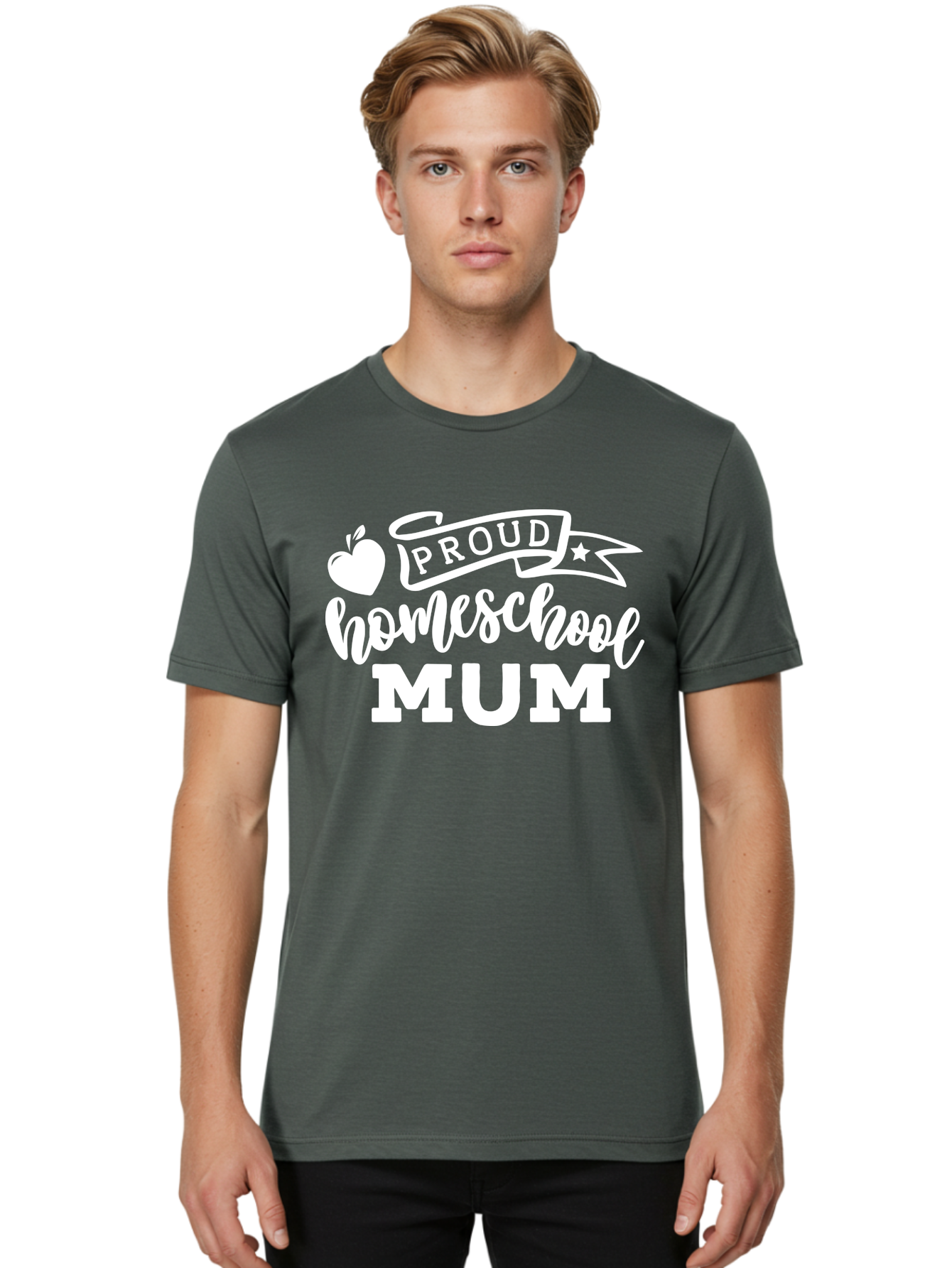 Proud-Homeschool-Mum-1 Men'S Graphic Tee, 100% Cotton, Comfortable Casual Summer Wear, Machine Washable, Homeschool Mom, Proud Parent, Homeschooling, Motherhood, Education, Apple Logo, Star Symbol, Banner Design, Parent Teacher, Aab425