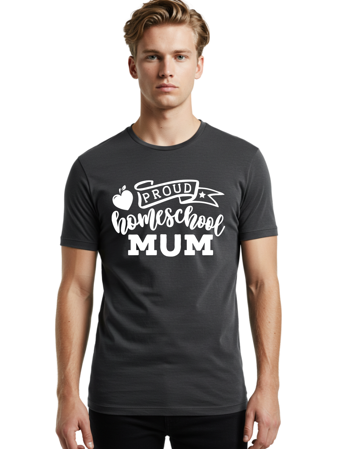 Proud-Homeschool-Mum-1 Men'S Graphic Tee, 100% Cotton, Comfortable Casual Summer Wear, Machine Washable, Homeschool Mom, Proud Parent, Homeschooling, Motherhood, Education, Apple Logo, Star Symbol, Banner Design, Parent Teacher, Aab425