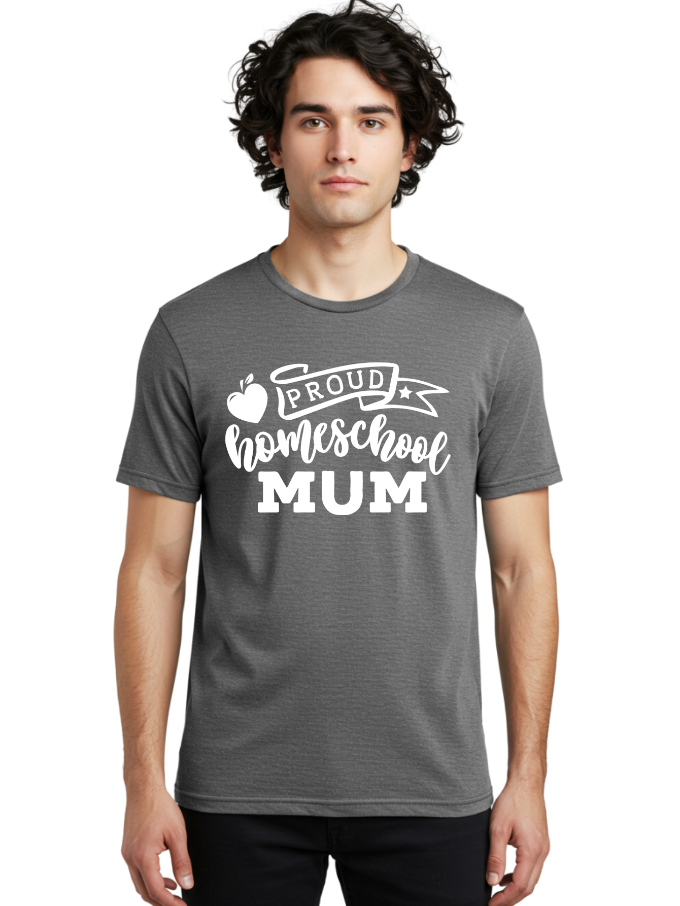 Proud-Homeschool-Mum-1 Men'S Graphic Tee, 100% Cotton, Comfortable Casual Summer Wear, Machine Washable, Homeschool Mom, Proud Parent, Homeschooling, Motherhood, Education, Apple Logo, Star Symbol, Banner Design, Parent Teacher, Aab425